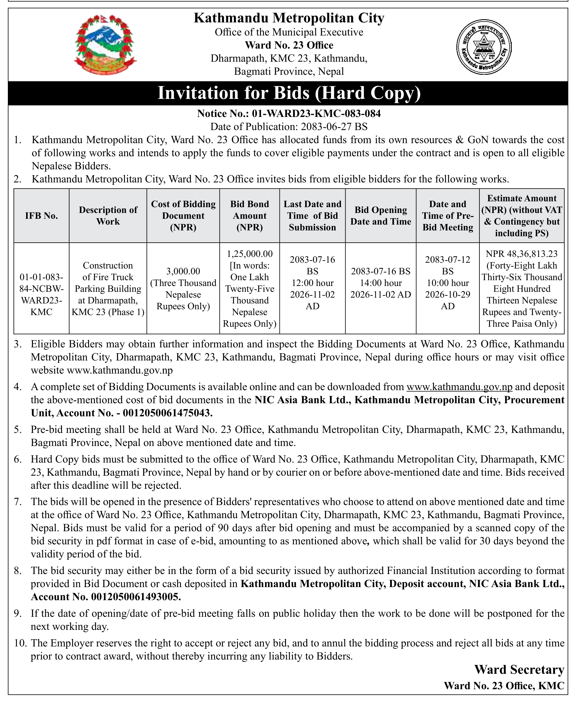 Tender notice as printed in Gorkhapatra, 13 Oct 2026, page 8