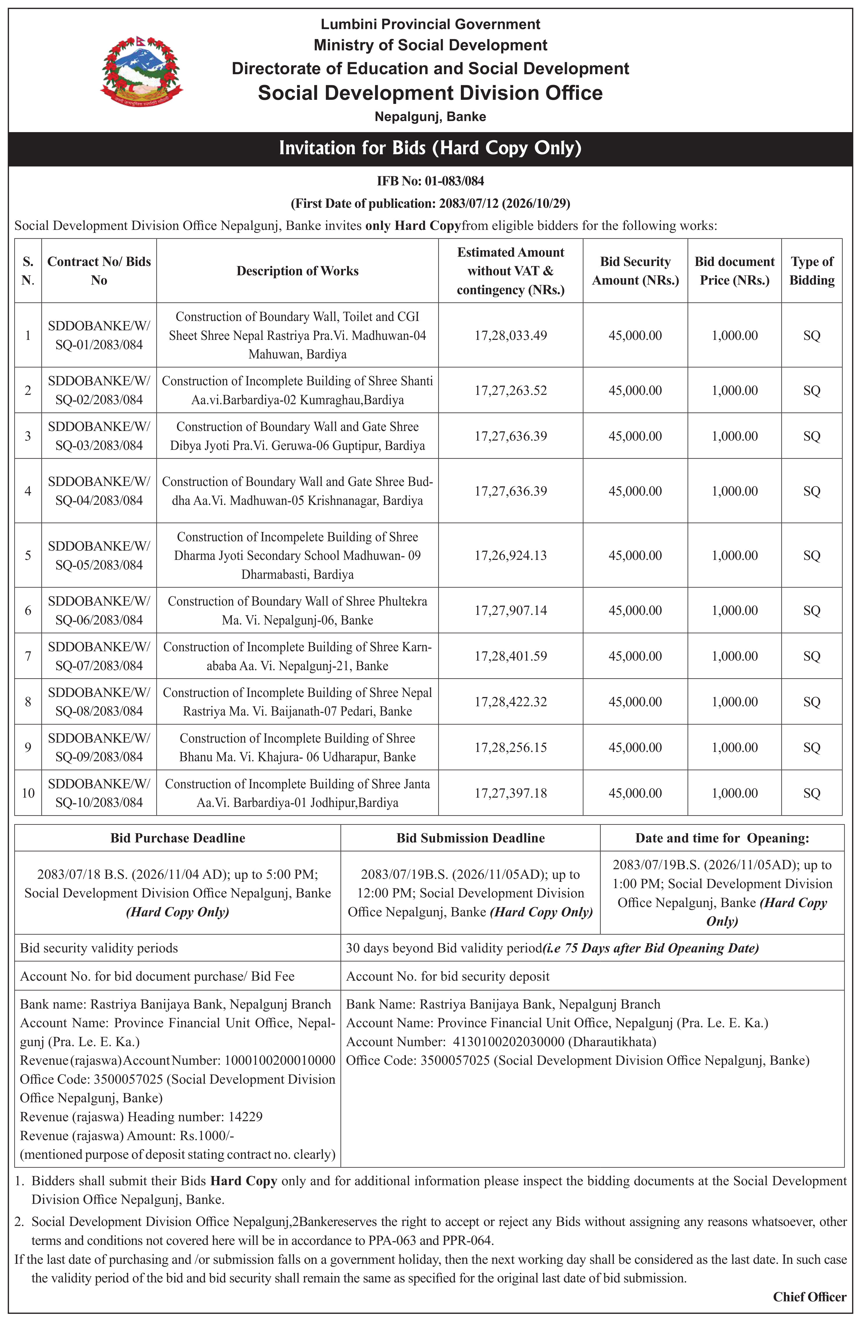 Tender notice as printed in Mission Today, 29 Oct 2026, page 2