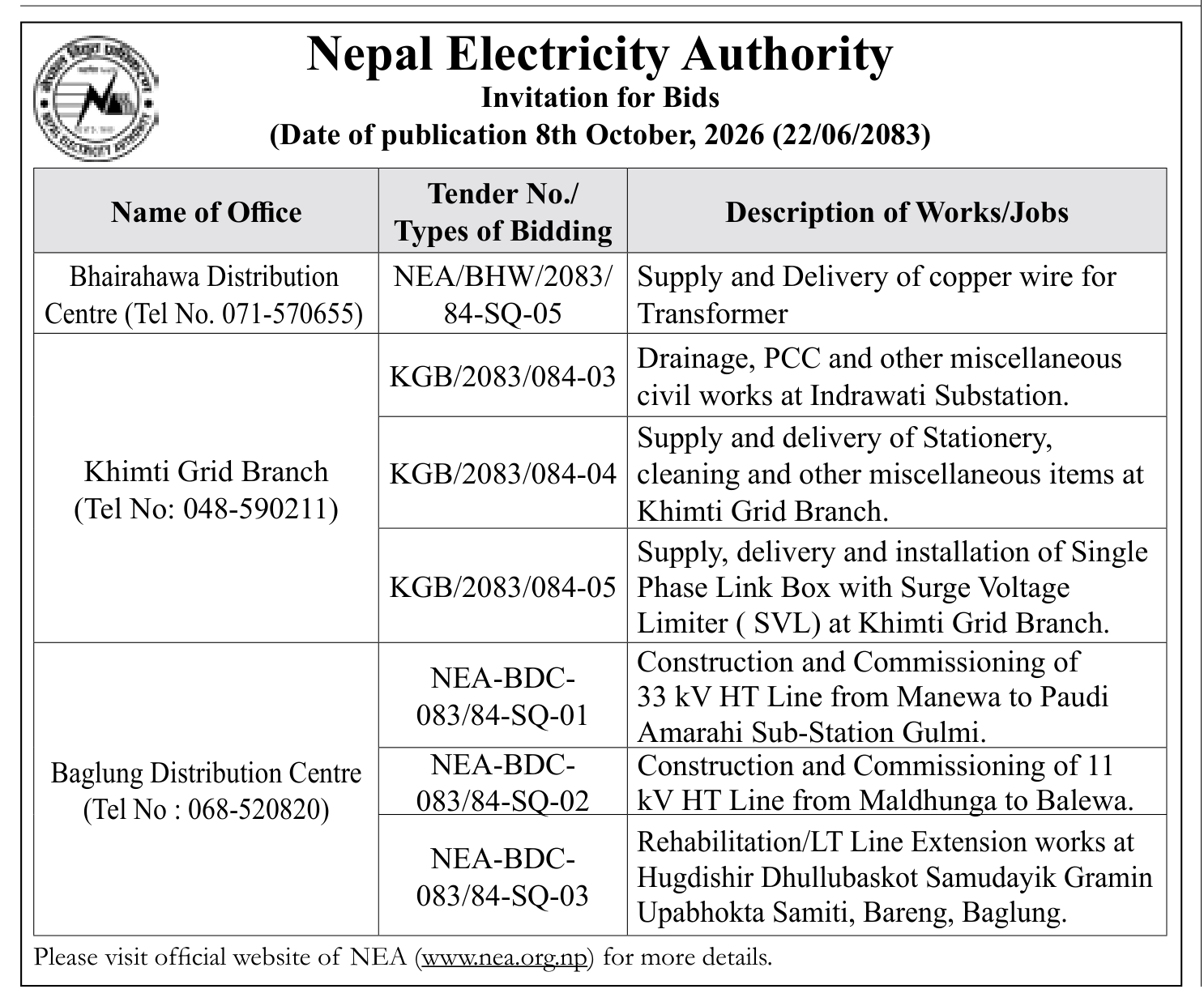 Tender notice as printed in Gorkhapatra, 8 Oct 2026, page 14