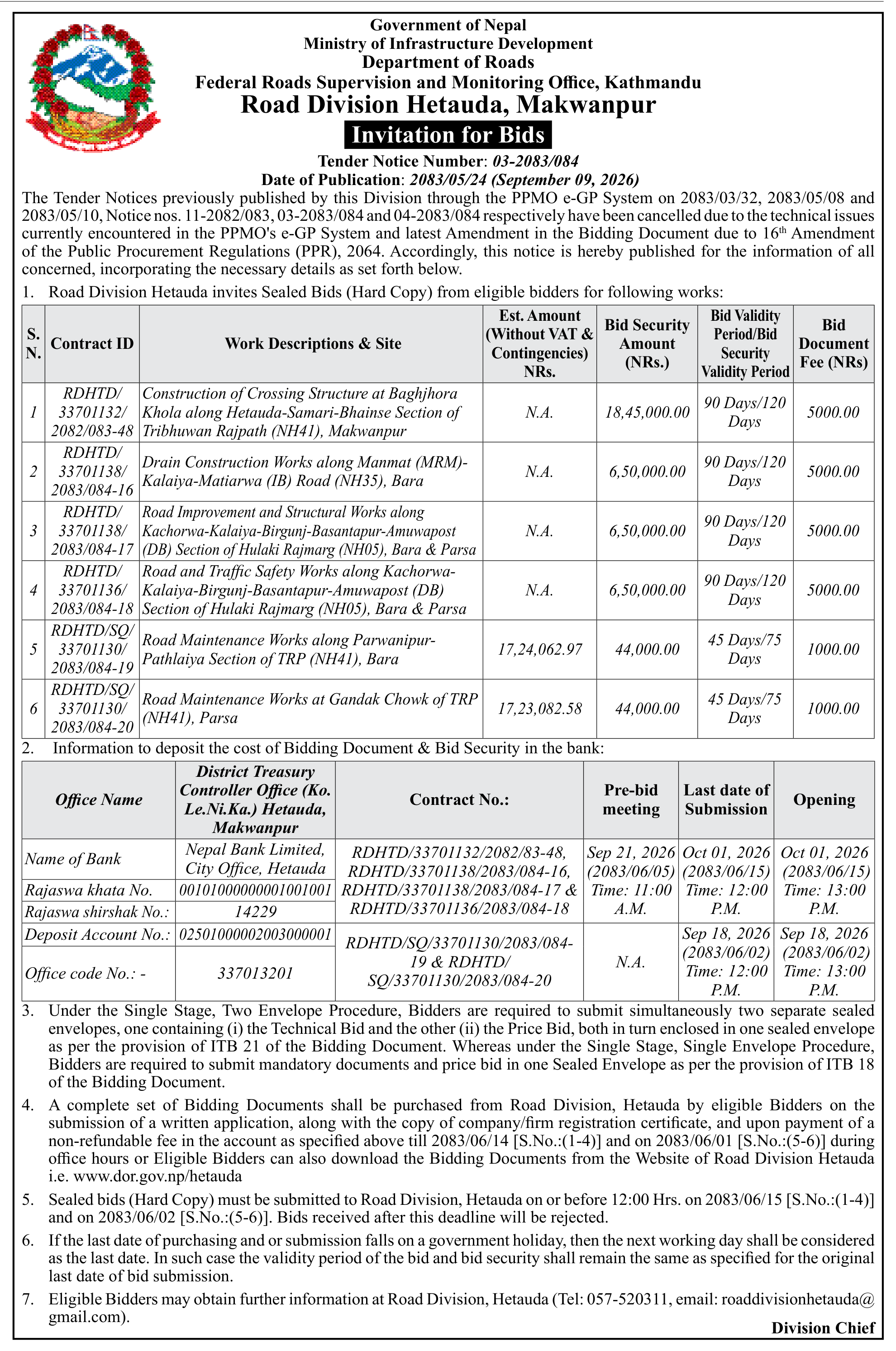 Tender notice as printed in Gorkhapatra, 9 Sep 2026, page 14