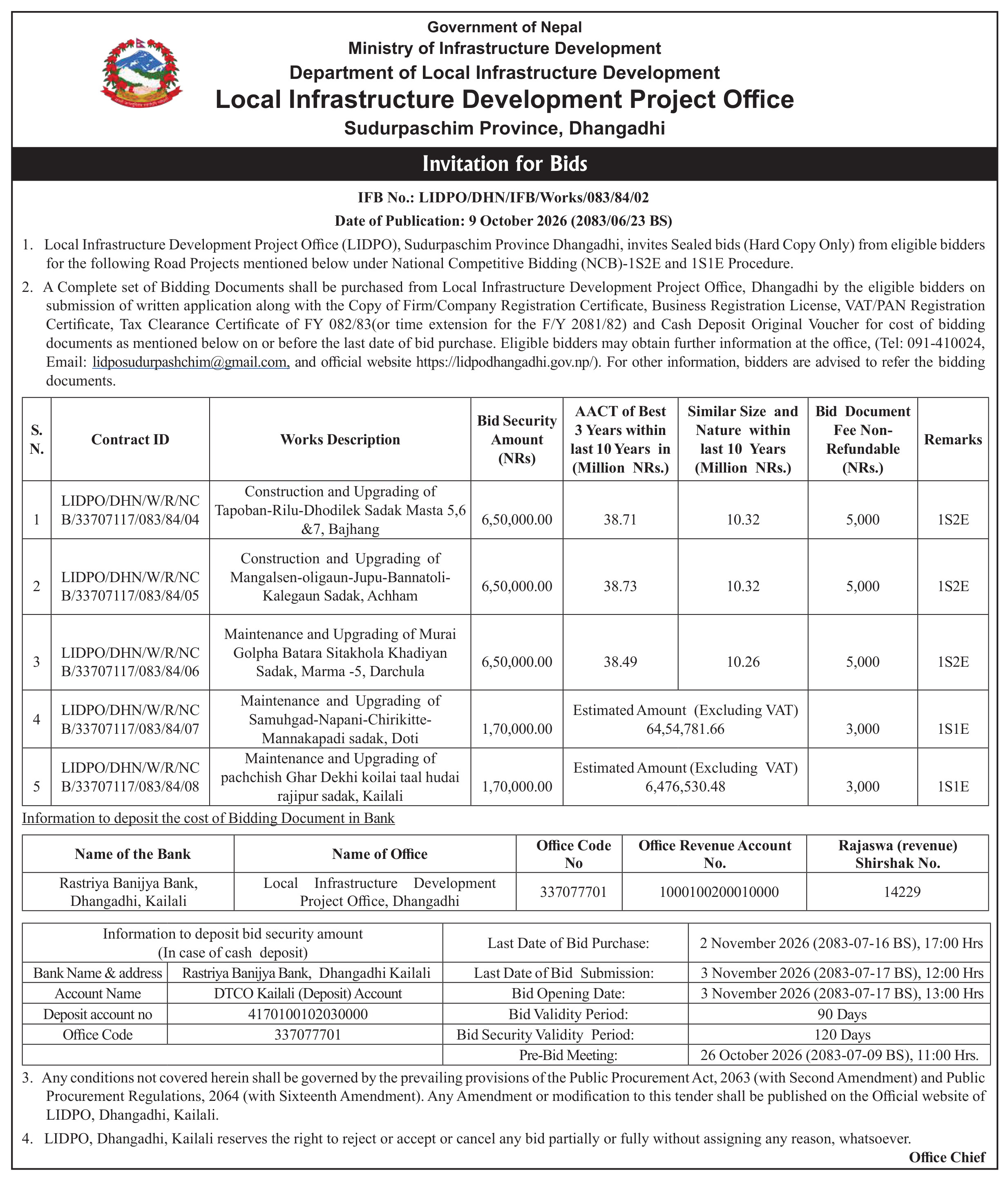 Tender notice as printed in Mission Today, 9 Oct 2026, page 3