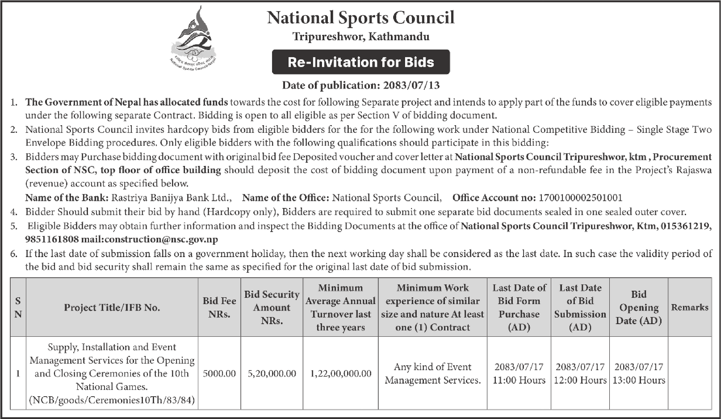 Tender notice as printed in Himalaya Times, 30 Oct 2026, page 7