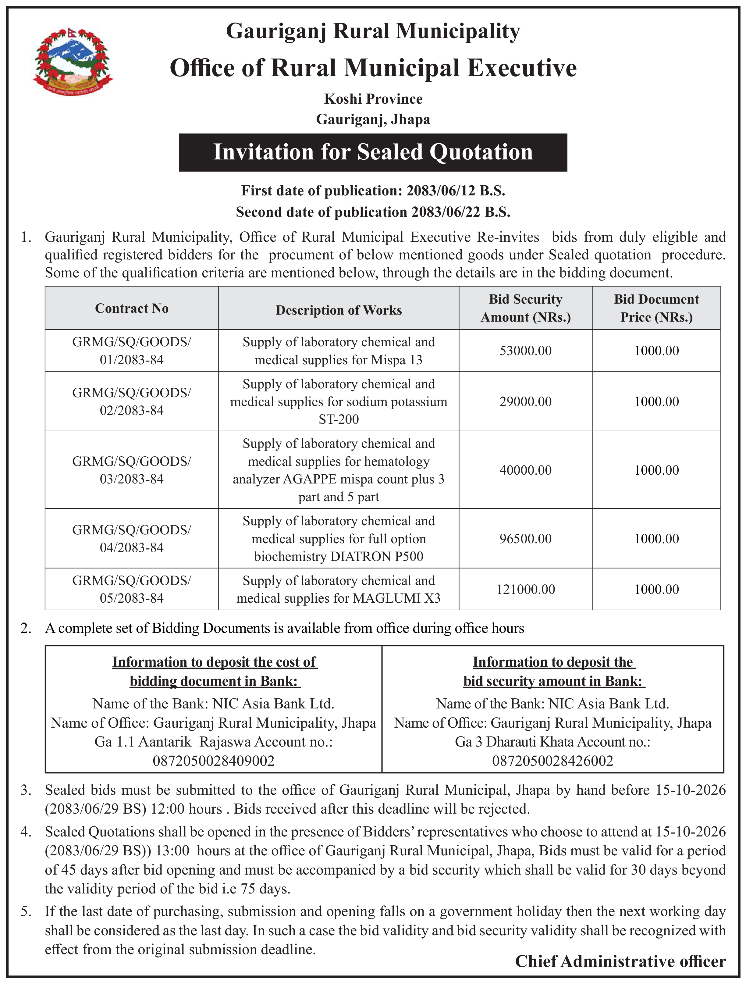 Tender notice as printed in Prabhab Daily, 8 Oct 2026, page 3