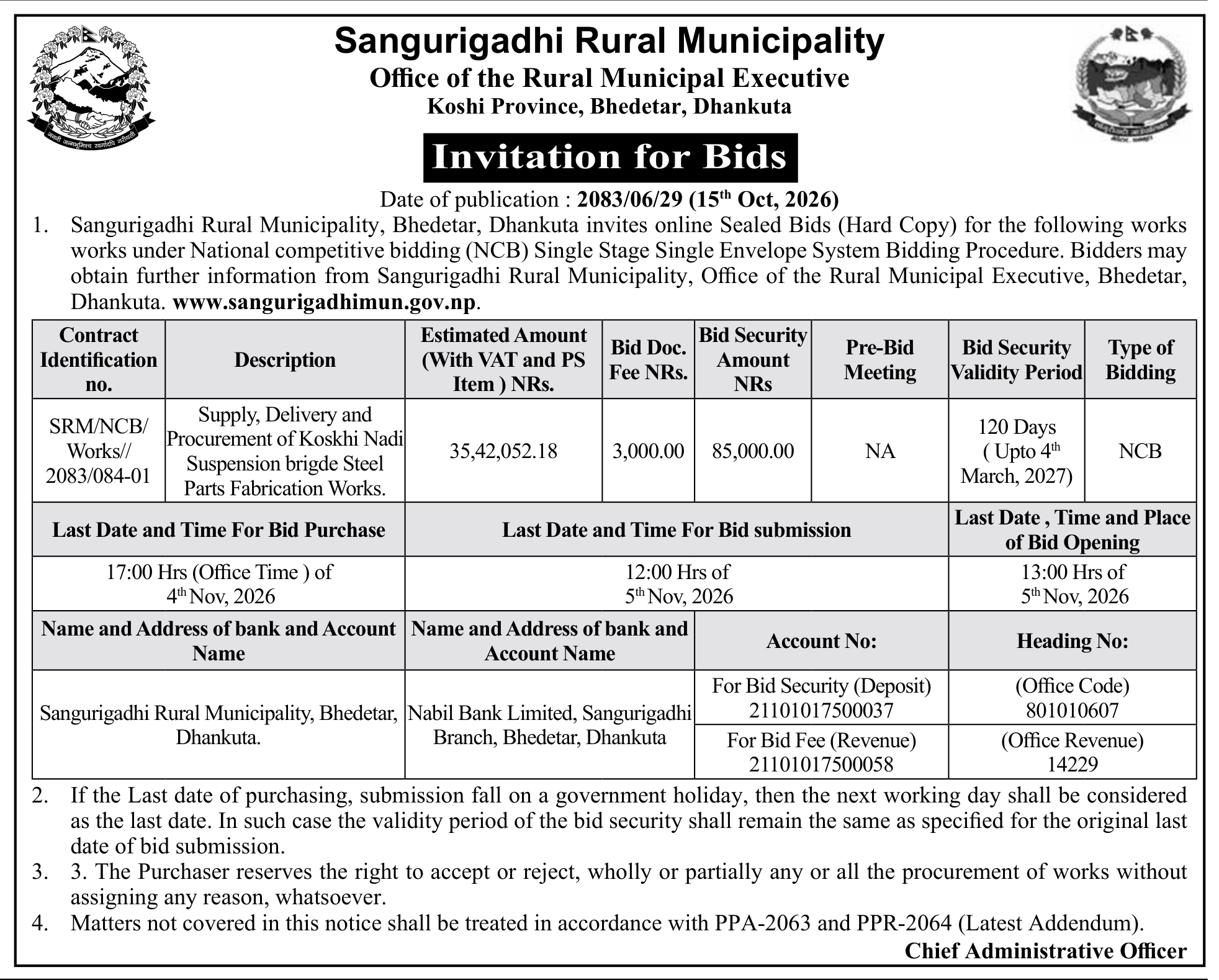 Tender notice as printed in Gorkhapatra, 15 Oct 2026, page 17