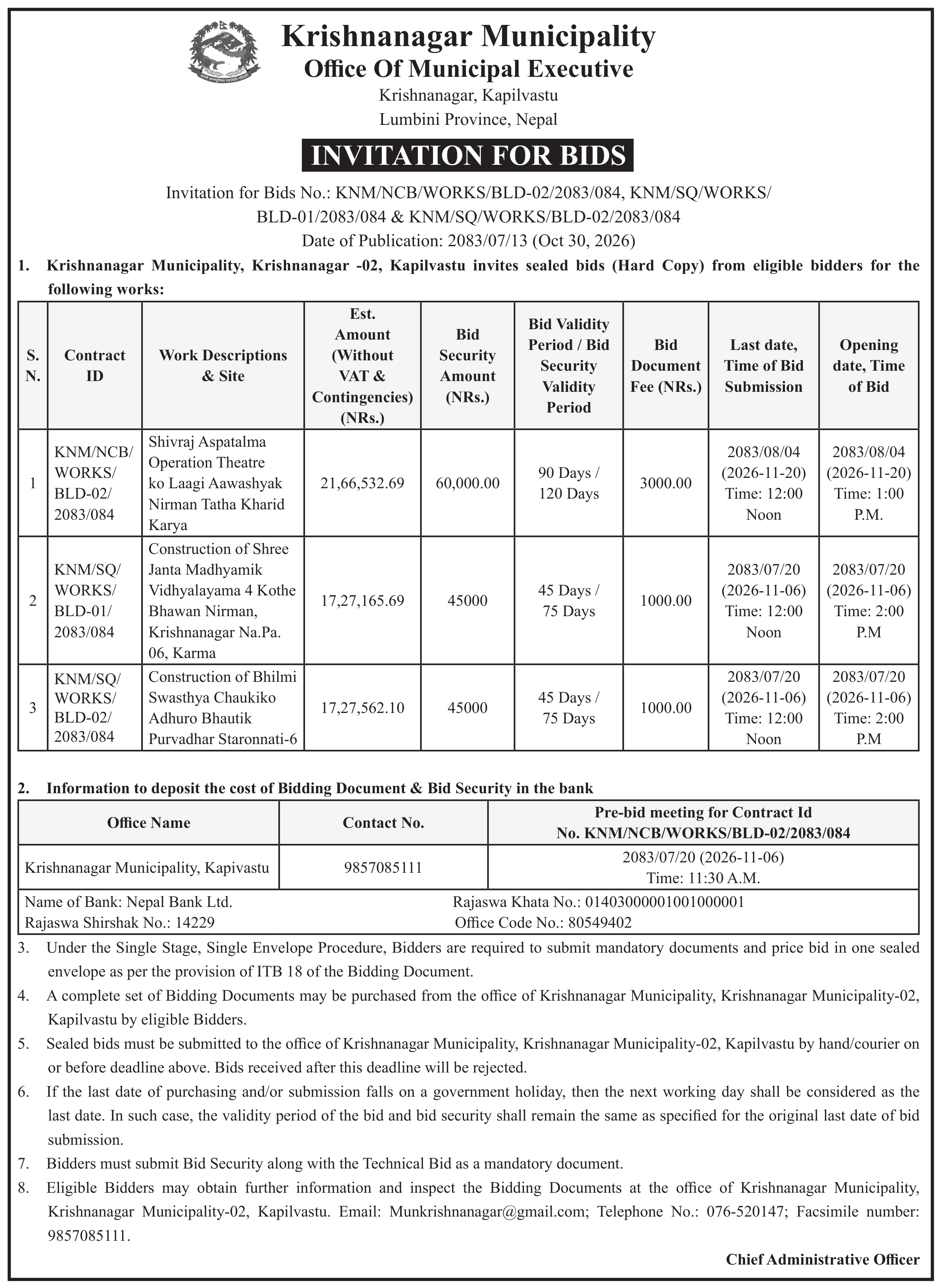 Tender notice as printed in Mechikali, 30 Oct 2026, page 4