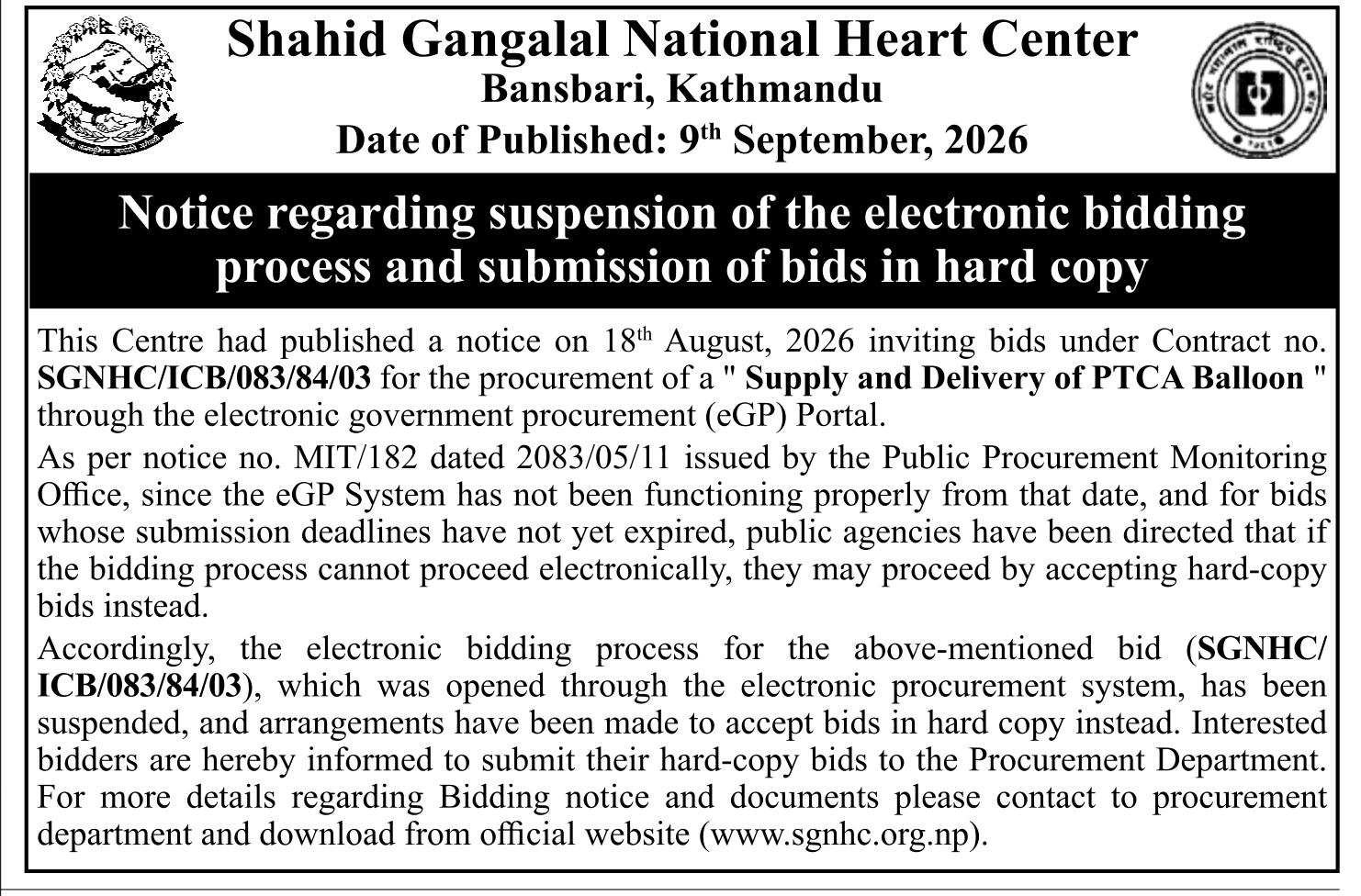 Tender notice as printed in Gorkhapatra, 9 Sep 2026, page 3