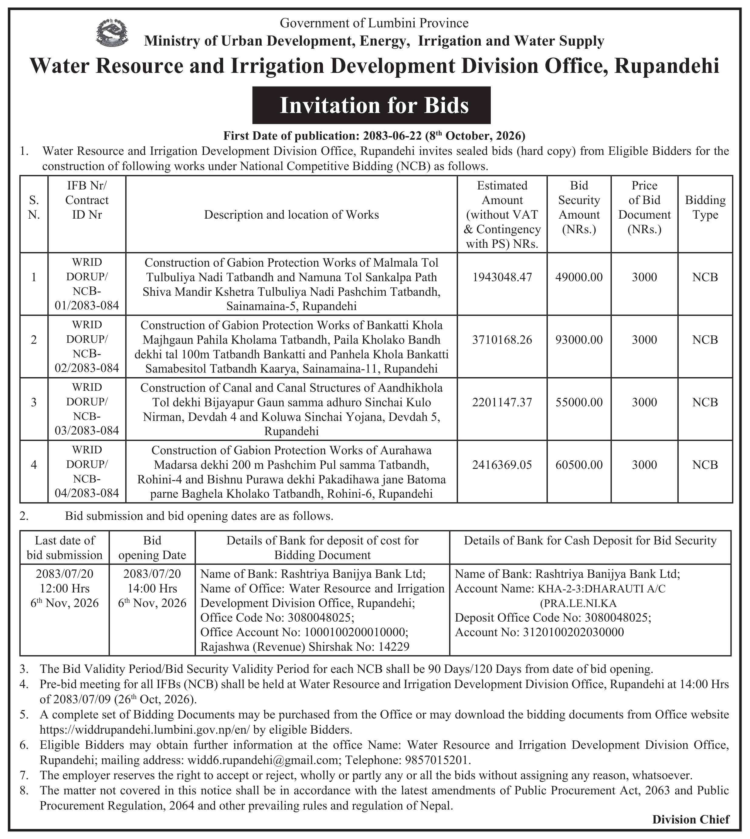 Tender notice as printed in Mechikali, 8 Oct 2026, page 3