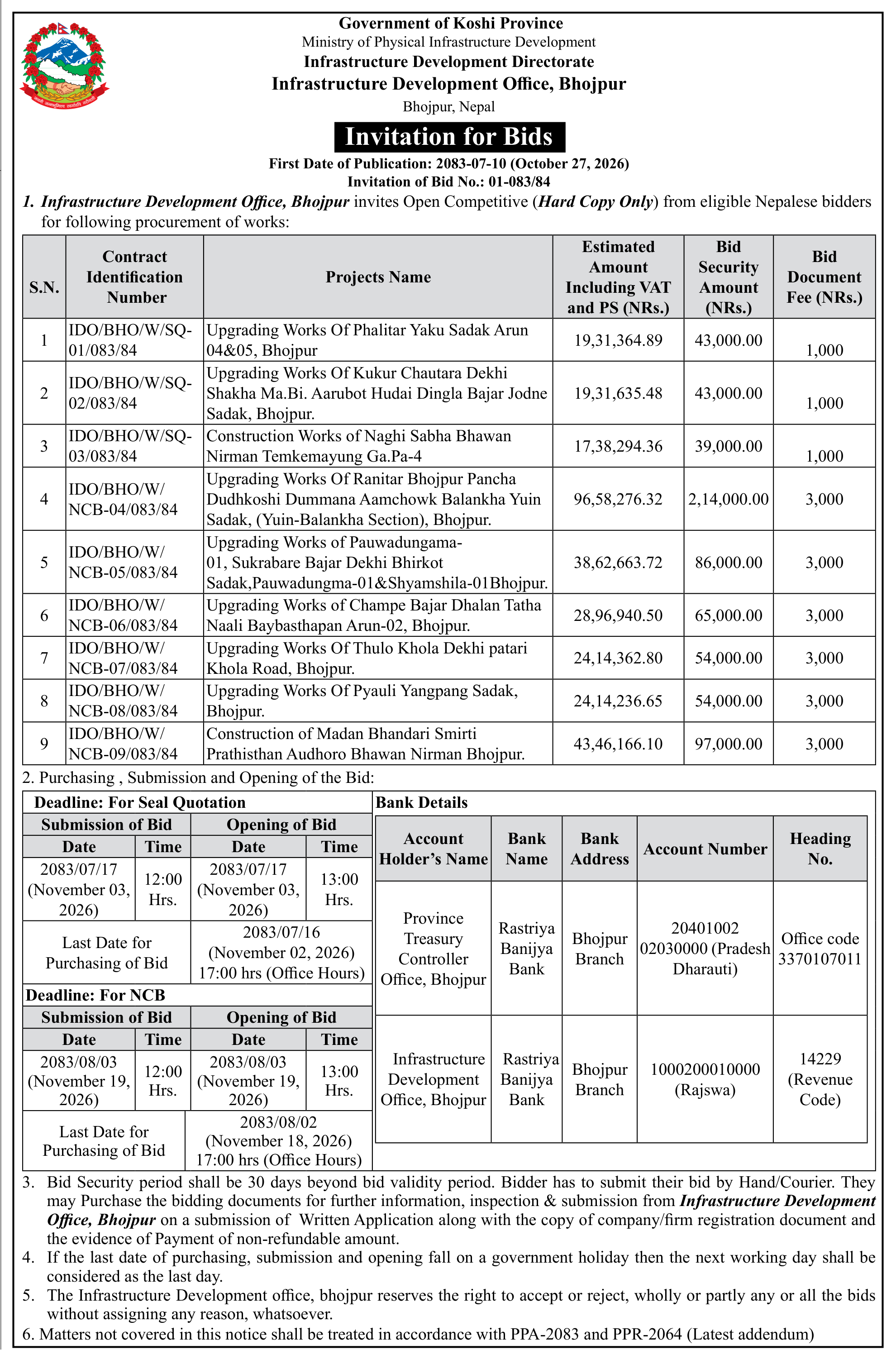 Tender notice as printed in Gorkhapatra, 27 Oct 2026, page 9