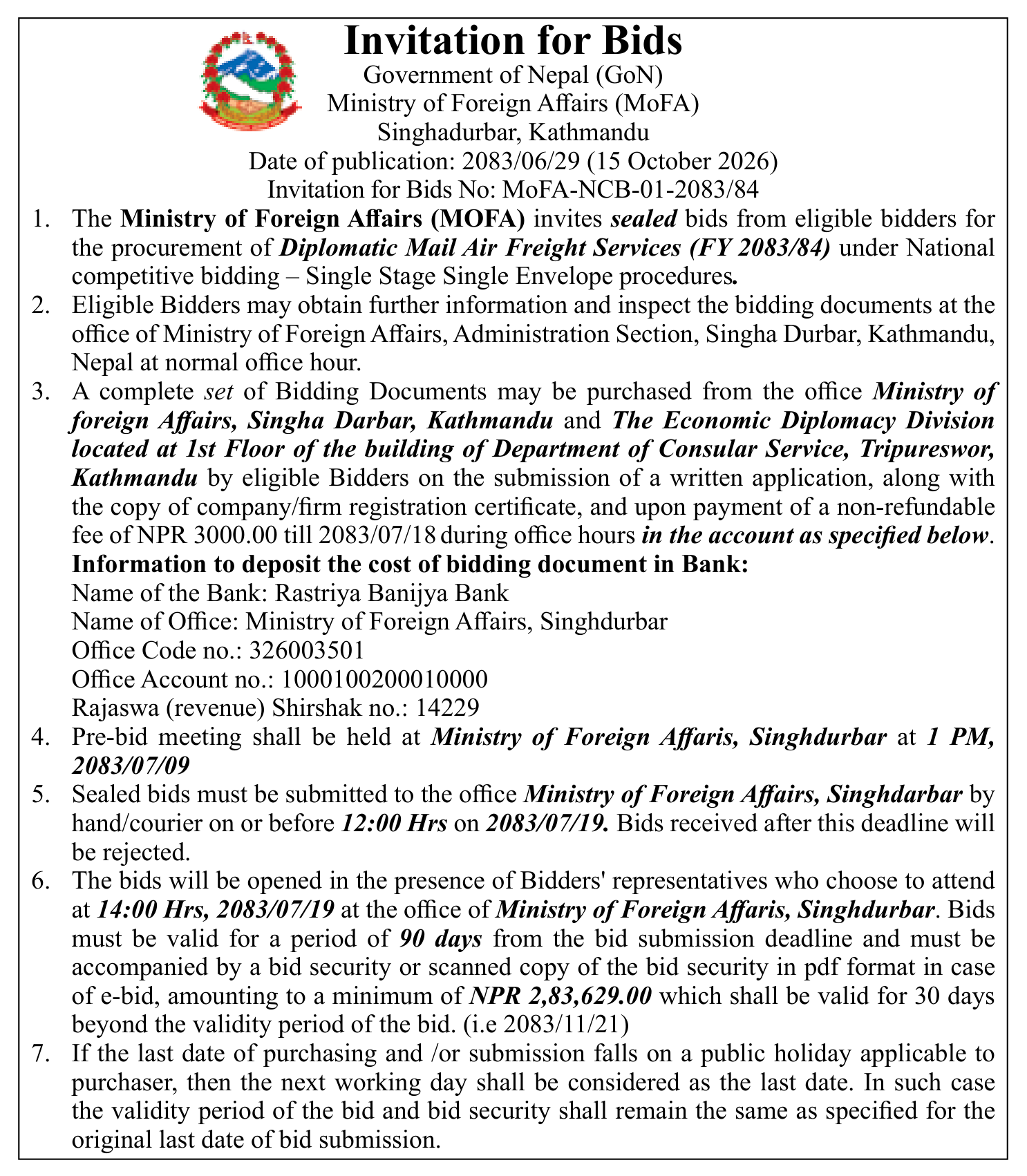 Tender notice as printed in Gorkhapatra, 15 Oct 2026, page 7