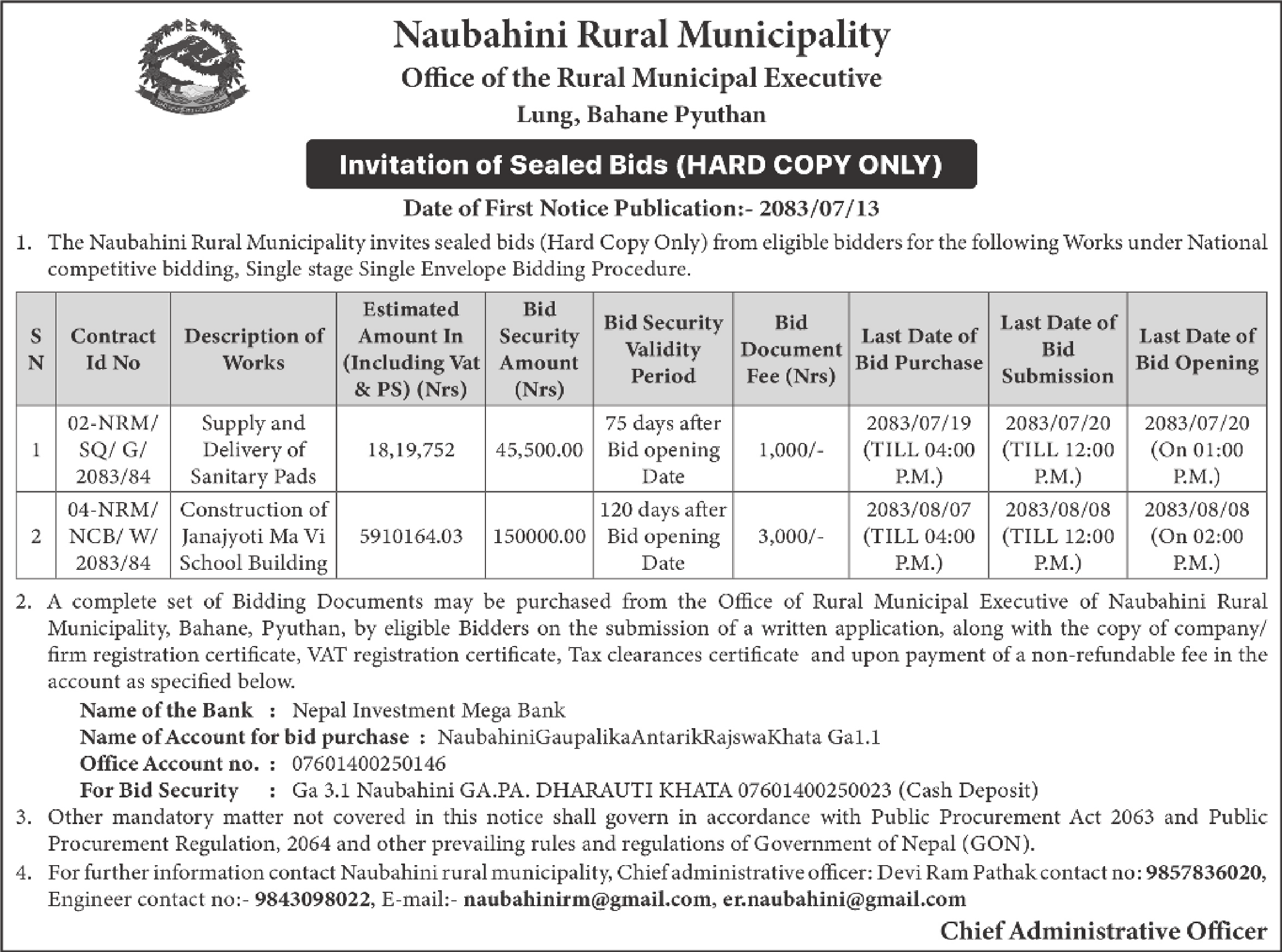 Tender notice as printed in Himalaya Times, 30 Oct 2026, page 3