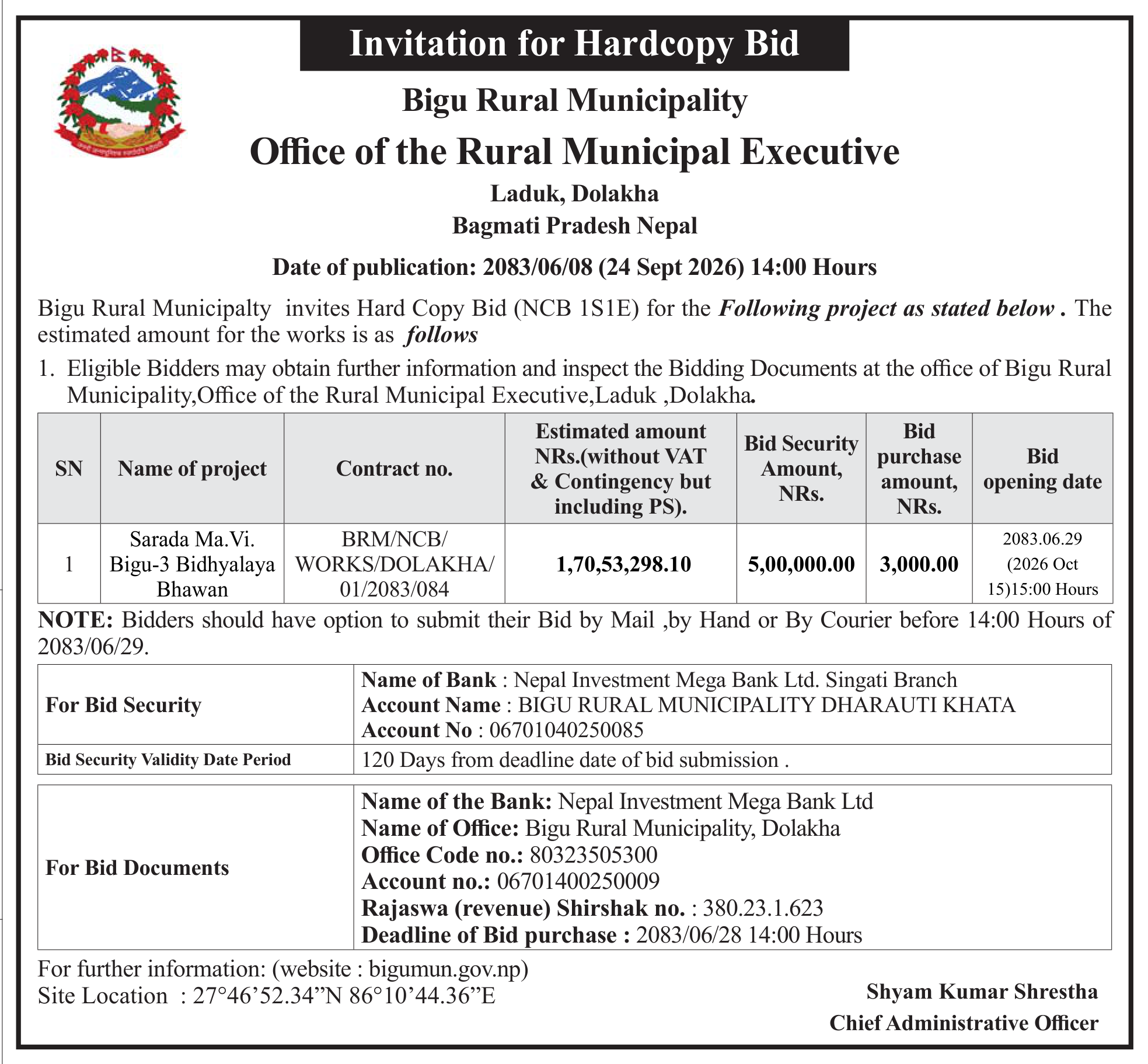 Tender notice as printed in Prabhab Daily, 1 Oct 2026, page 5