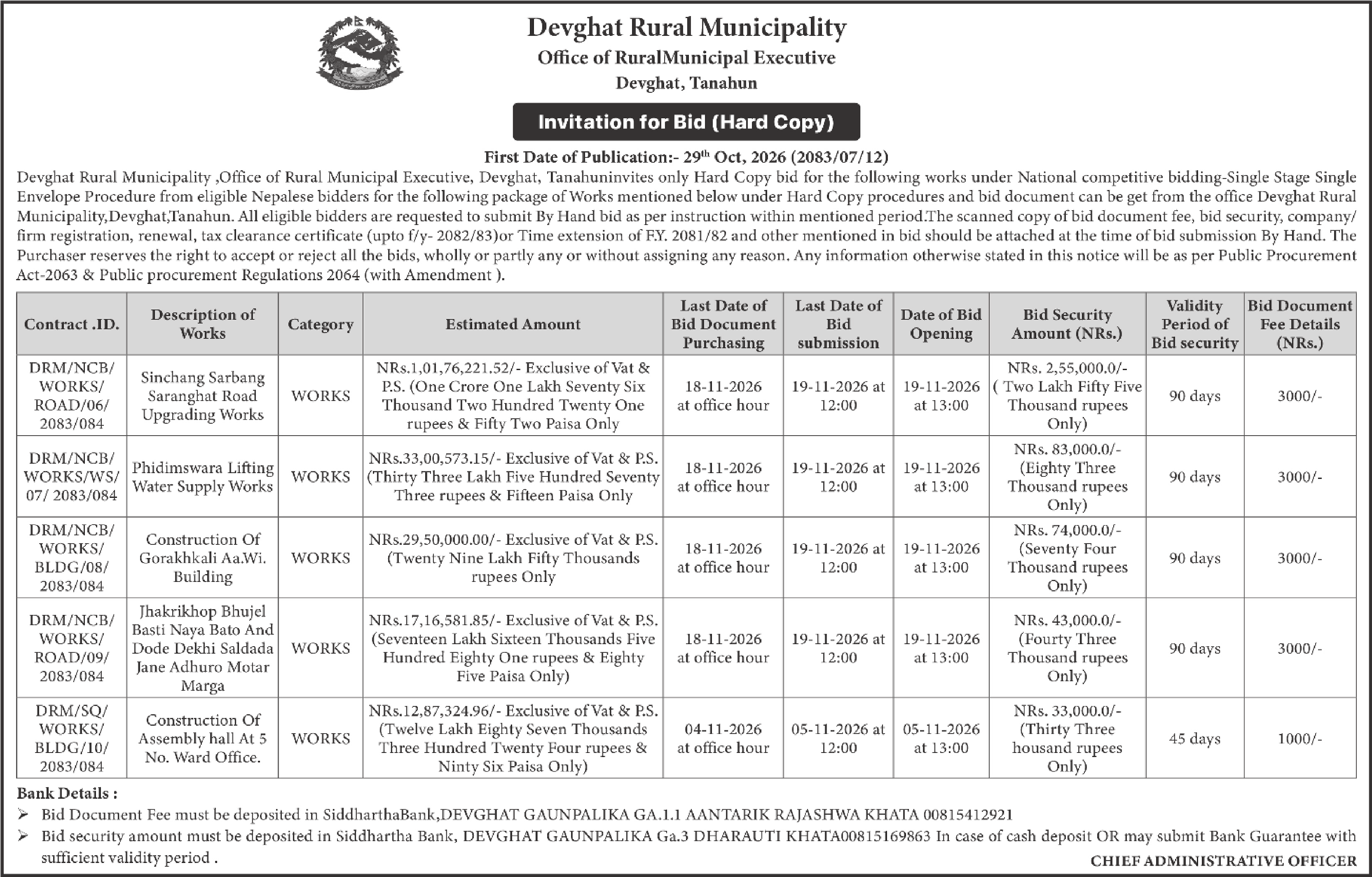 Tender notice as printed in Himalaya Times, 29 Oct 2026, page 7