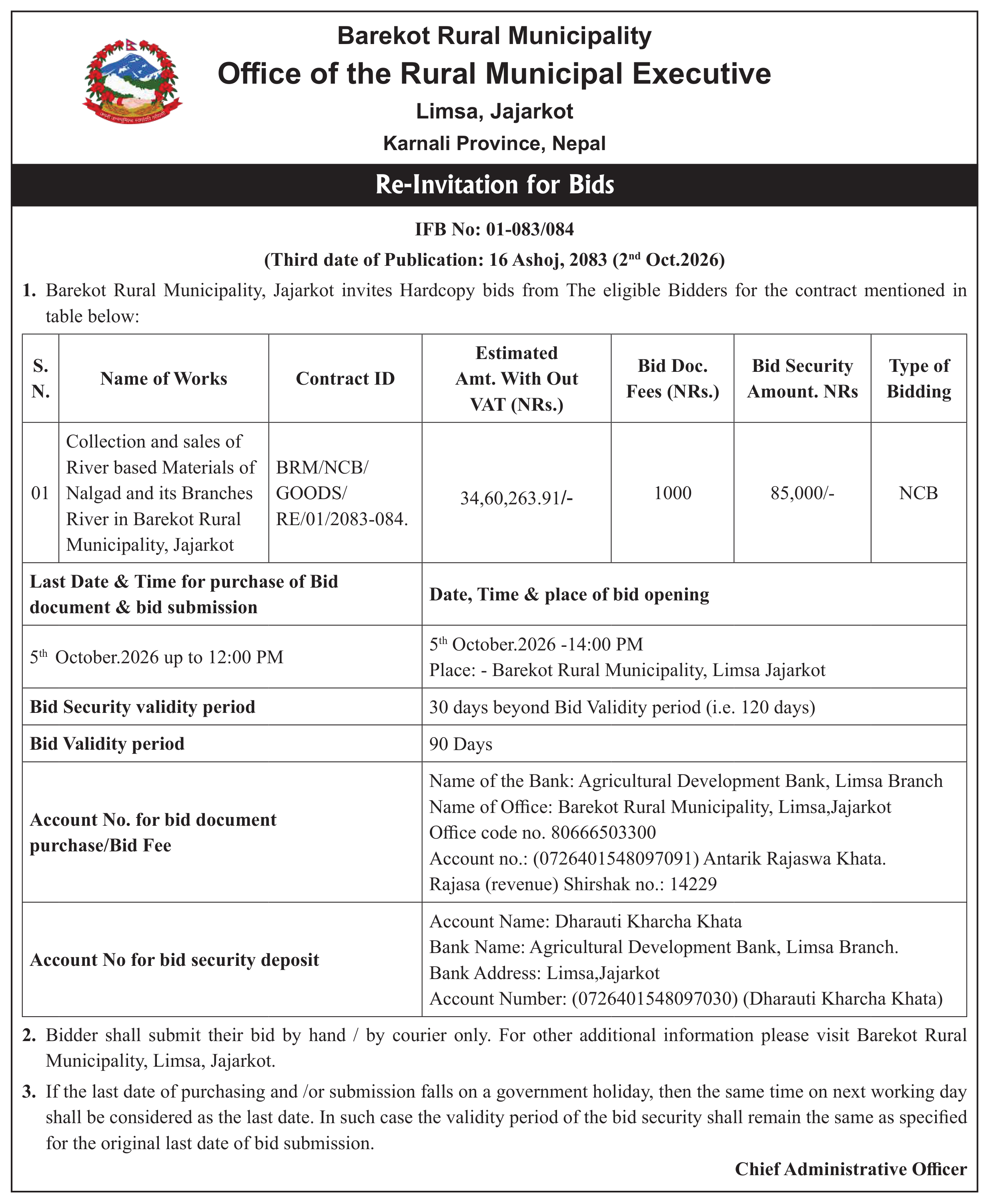 Tender notice as printed in Mission Today, 2 Oct 2026, page 6