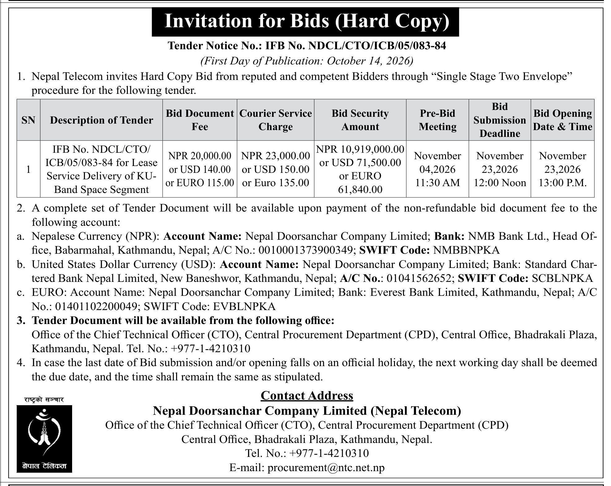 Tender notice as printed in Gorkhapatra, 14 Oct 2026, page 7