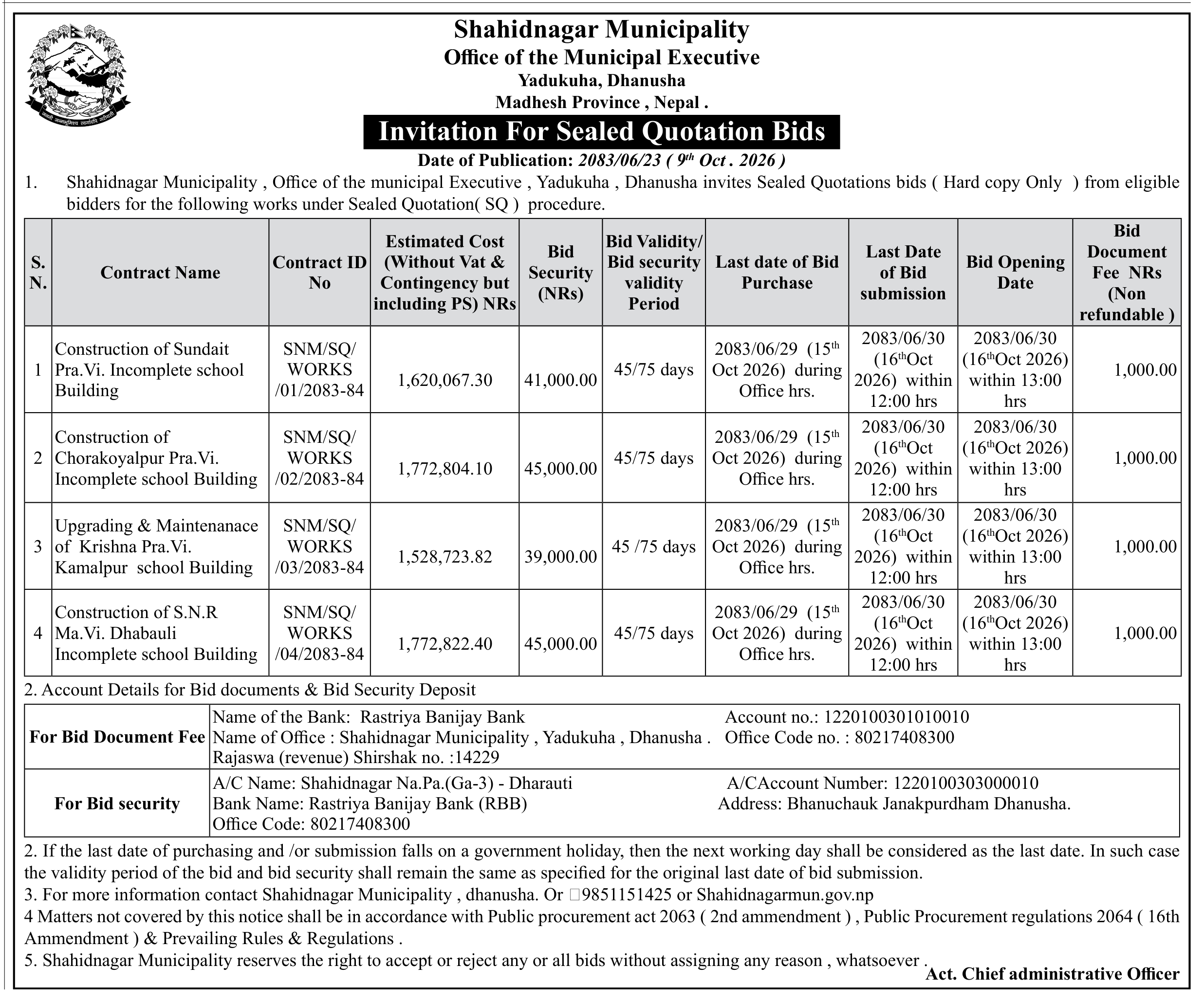 Tender notice as printed in Gorkhapatra, 9 Oct 2026, page 7