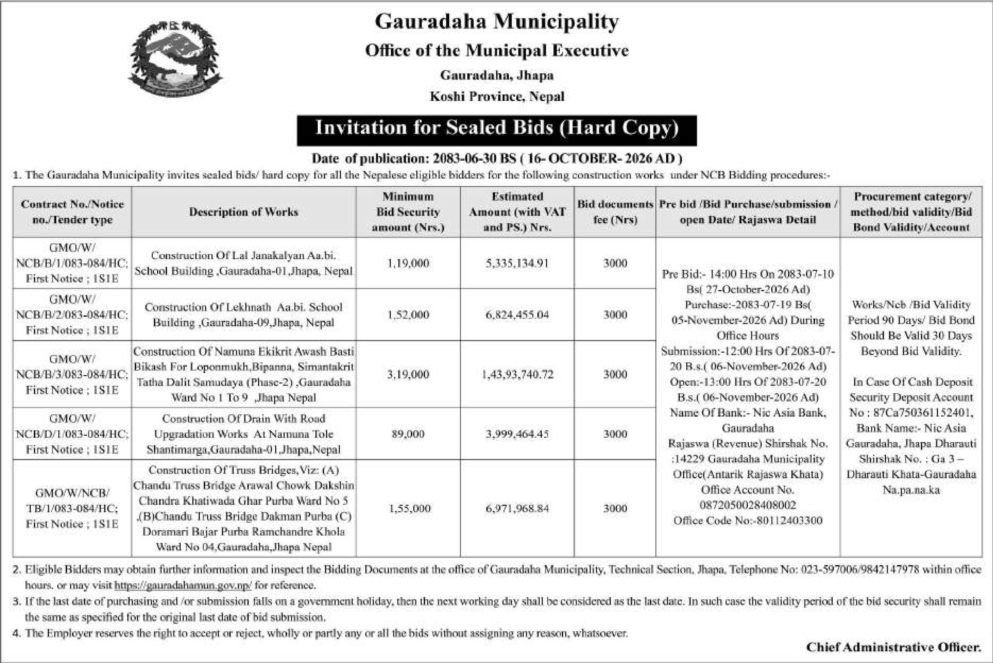 Tender notice as printed in Sourya Dainik, 16 Oct 2026, page 9