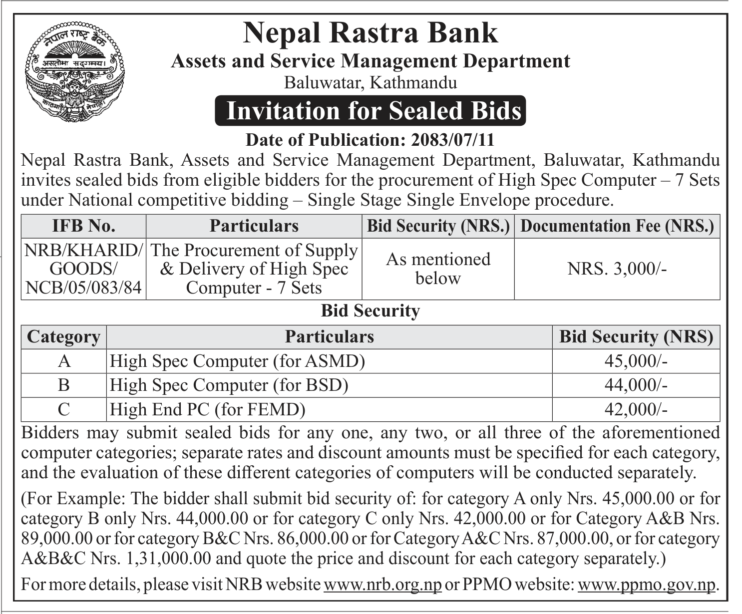 Tender notice as printed in Gorkhapatra, 28 Oct 2026, page 9