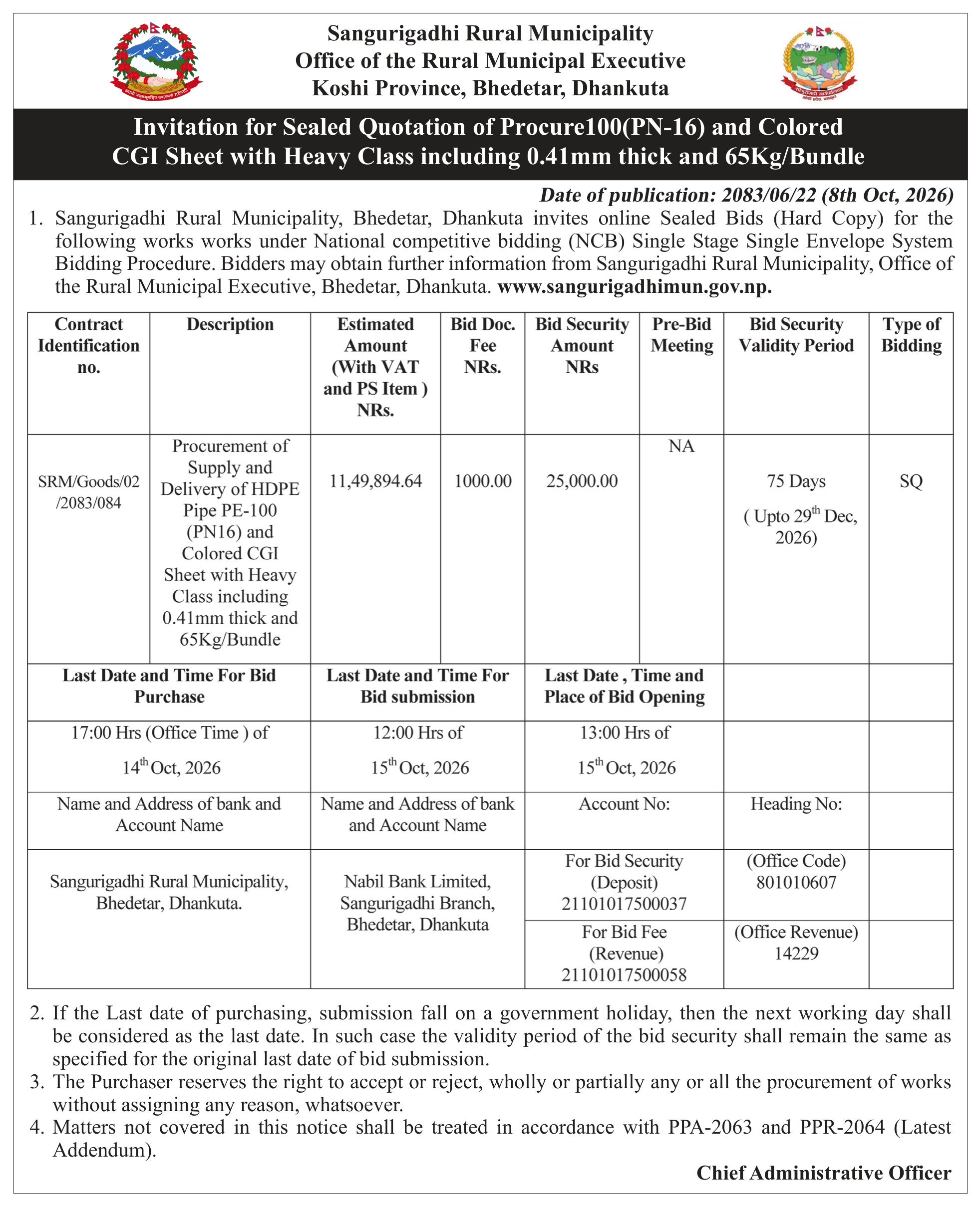 Tender notice as printed in Blast Khabar, 8 Oct 2026, page 4