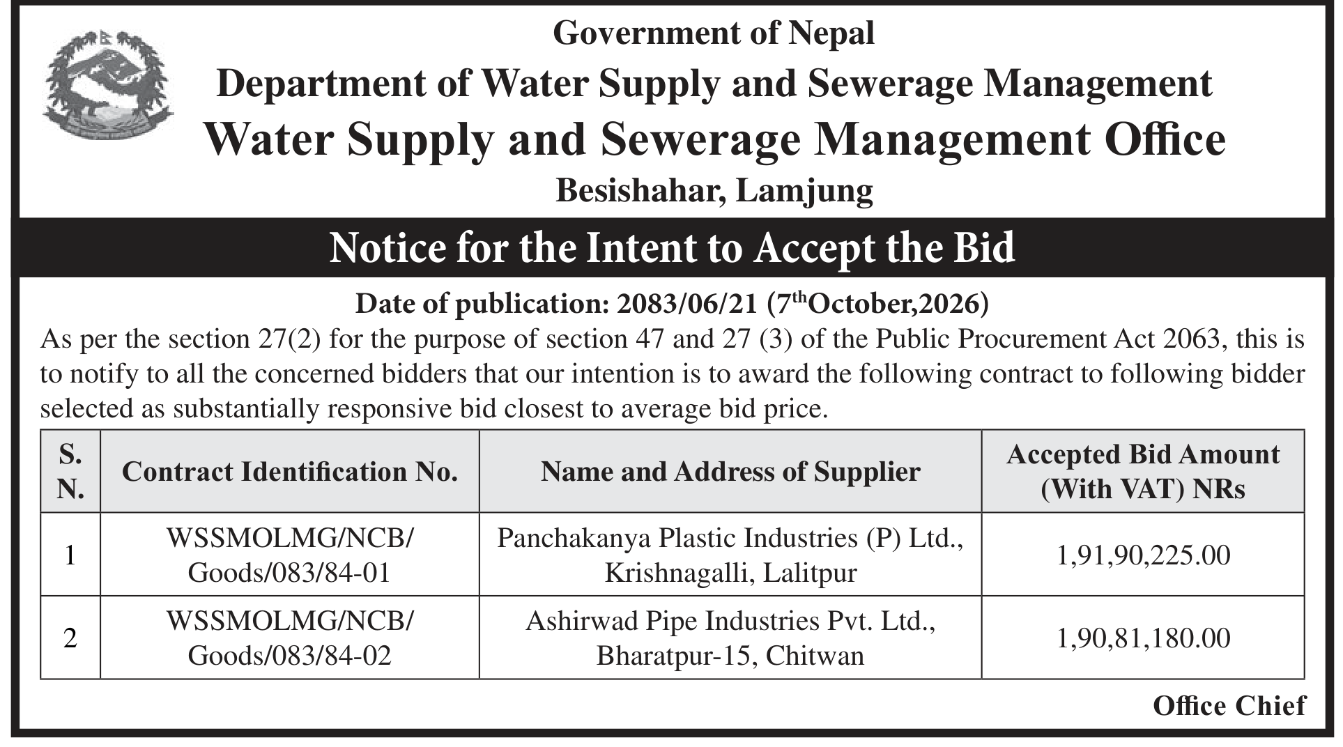 Tender notice as printed in Madhyanha, 7 Oct 2026, page 3