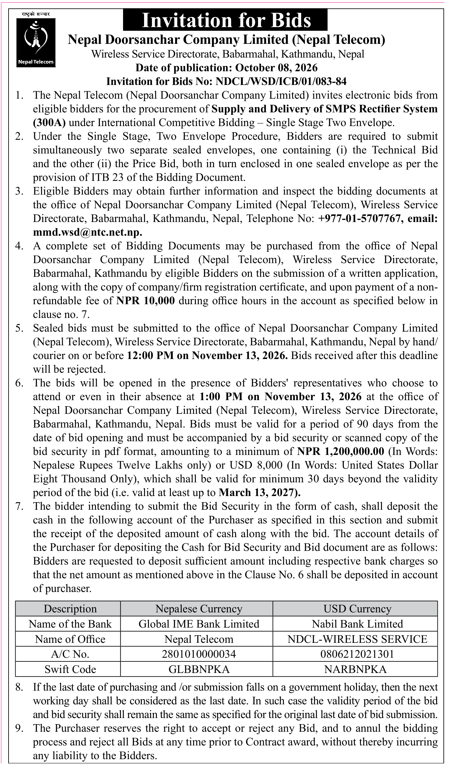 Tender notice as printed in Gorkhapatra, 9 Oct 2026, page 20