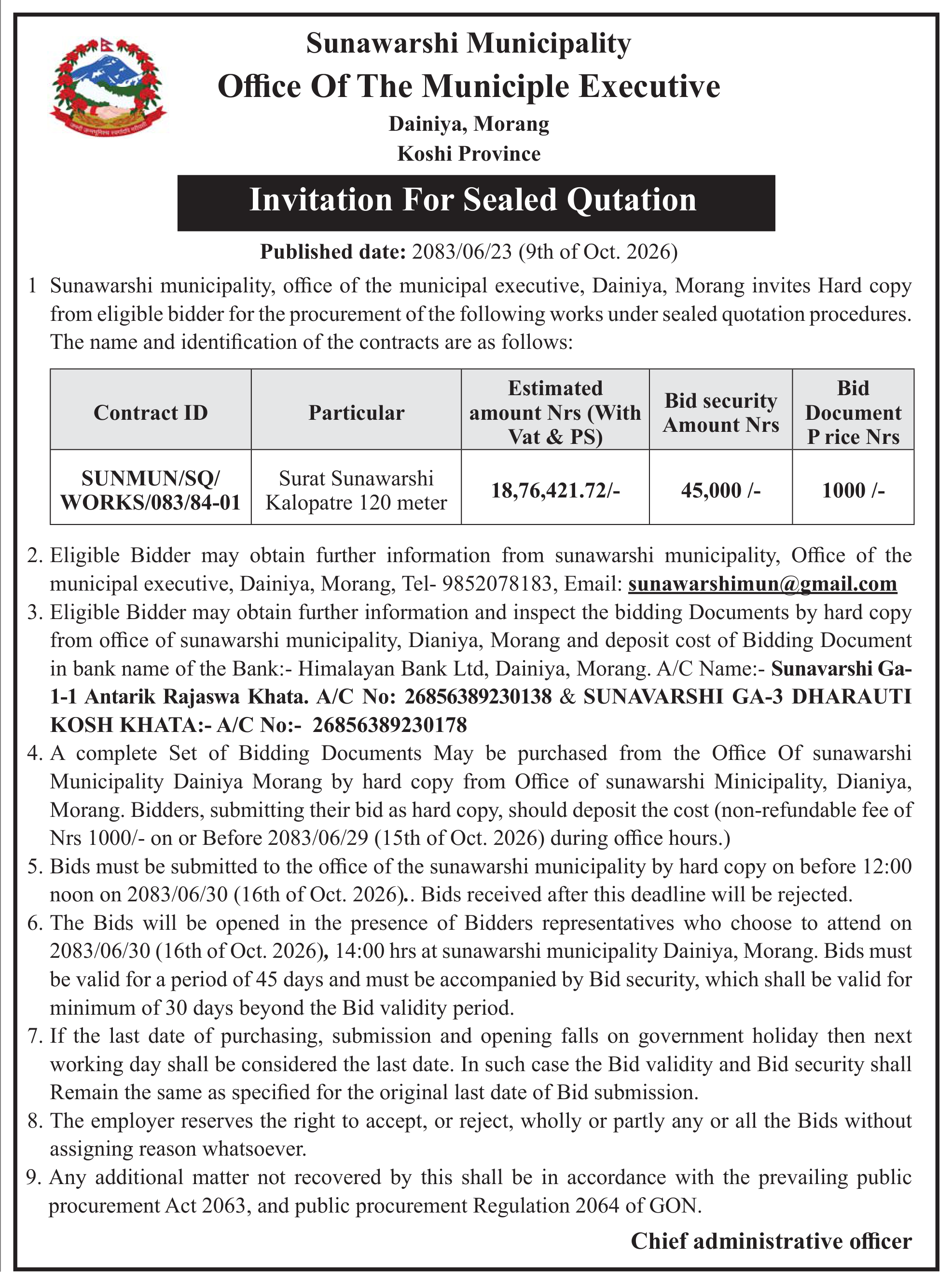 Tender notice as printed in Prabhab Daily, 9 Oct 2026, page 7