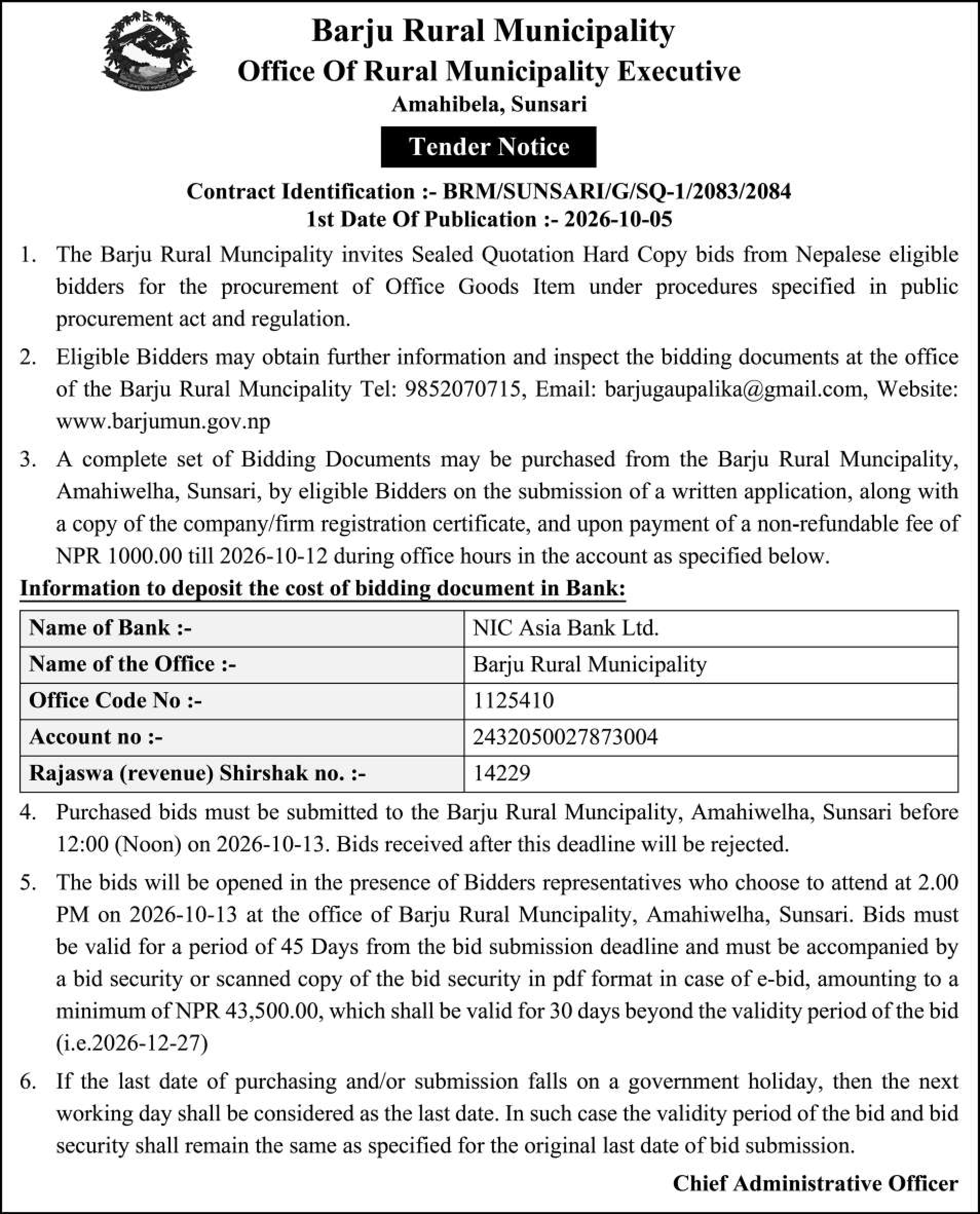 Tender notice as printed in Sourya Dainik, 6 Oct 2026, page 5