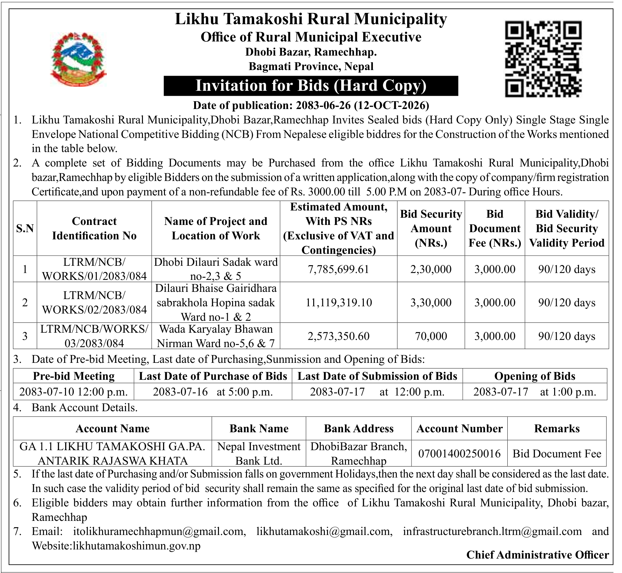 Tender notice as printed in Gorkhapatra, 12 Oct 2026, page 23