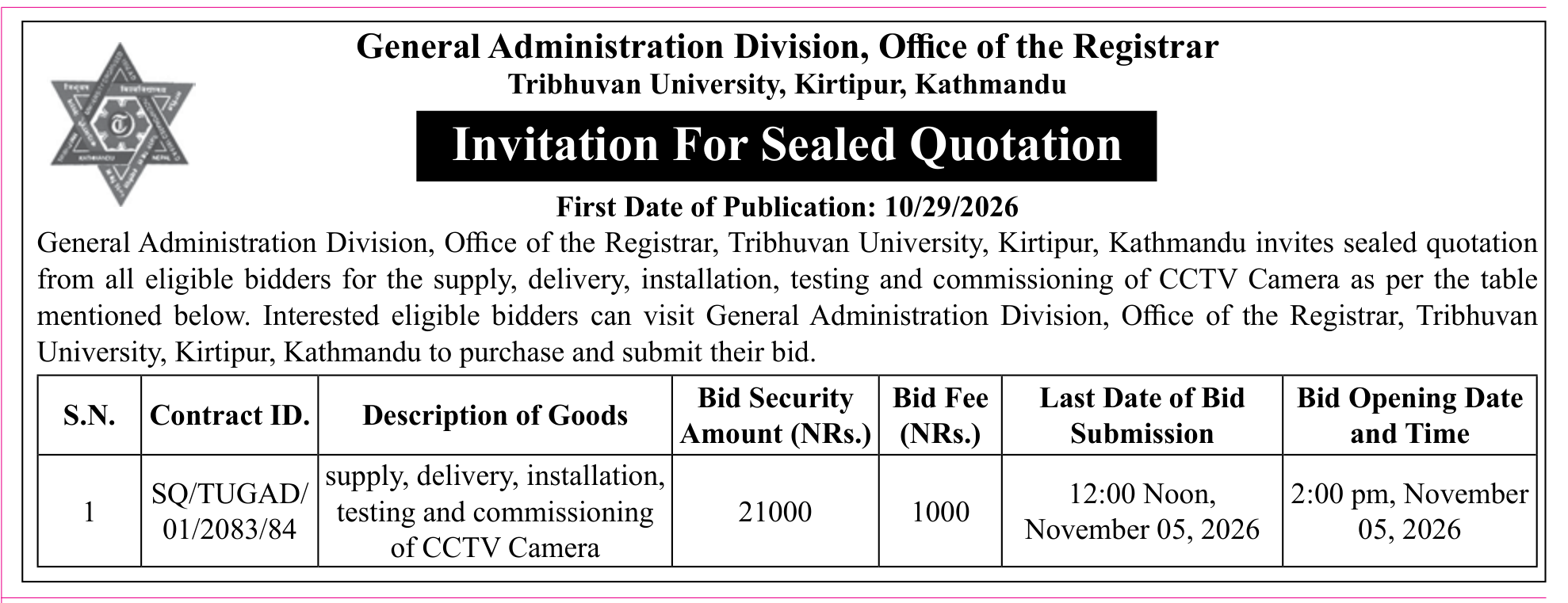 Tender notice as printed in Gorkhapatra, 29 Oct 2026, page 16