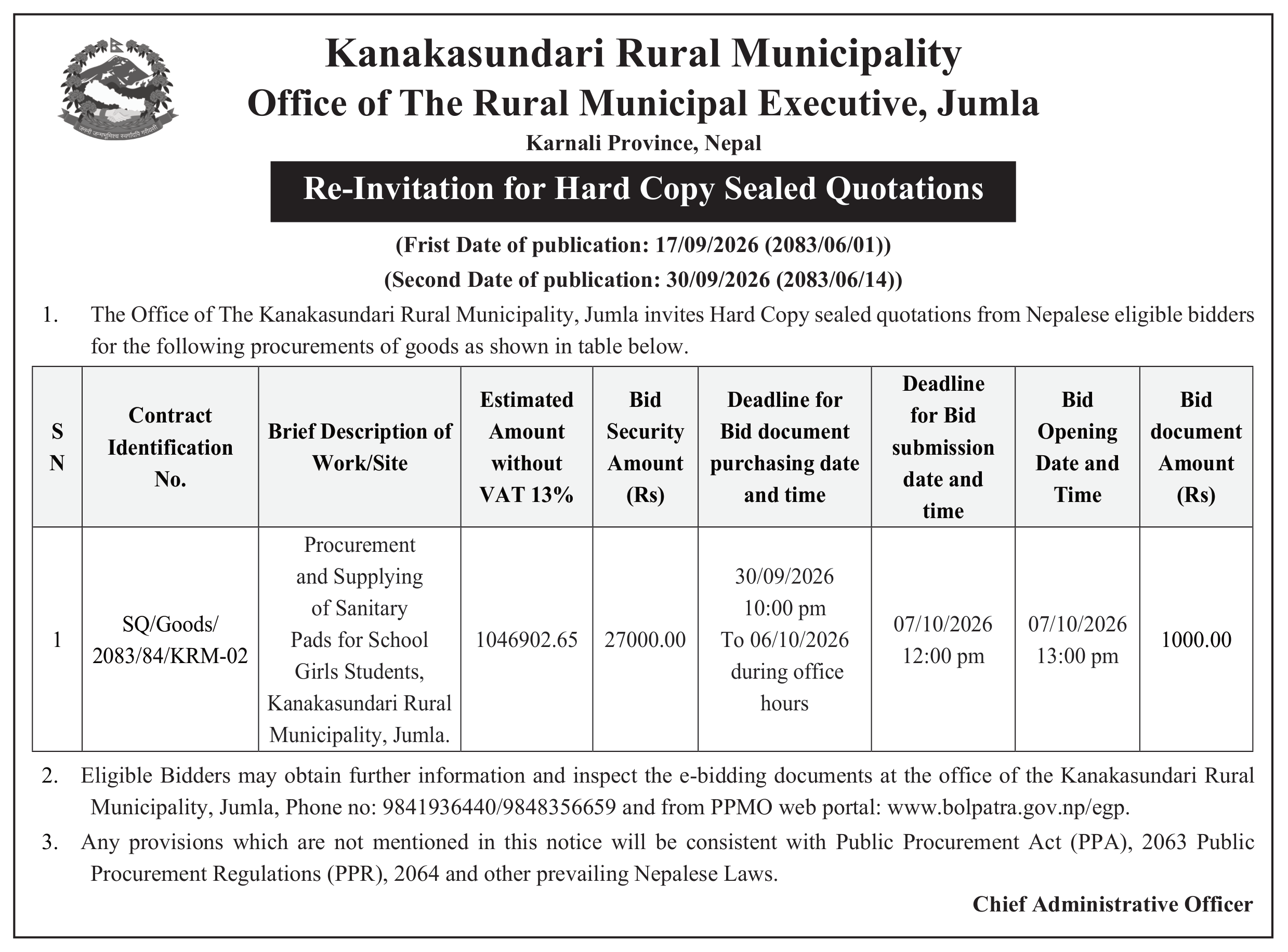 Tender notice as printed in Yugaawhan, 1 Oct 2026, page 3