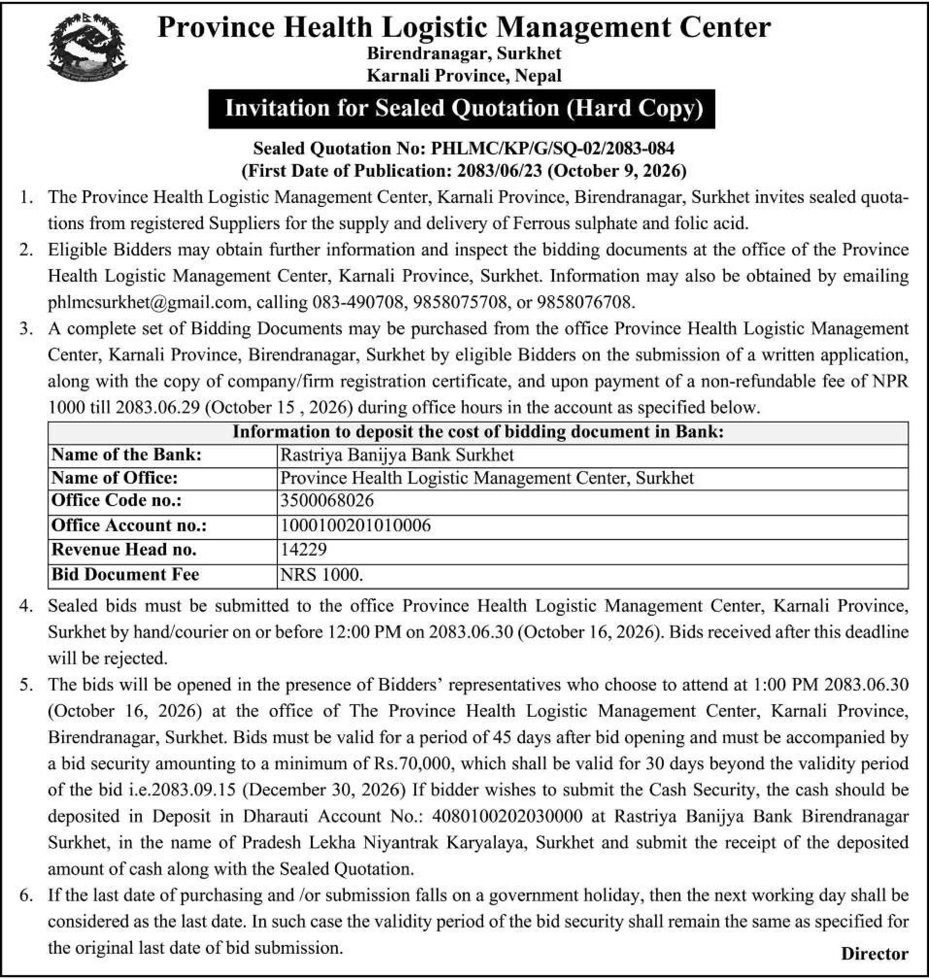 Tender notice as printed in Sourya Dainik, 9 Oct 2026, page 2