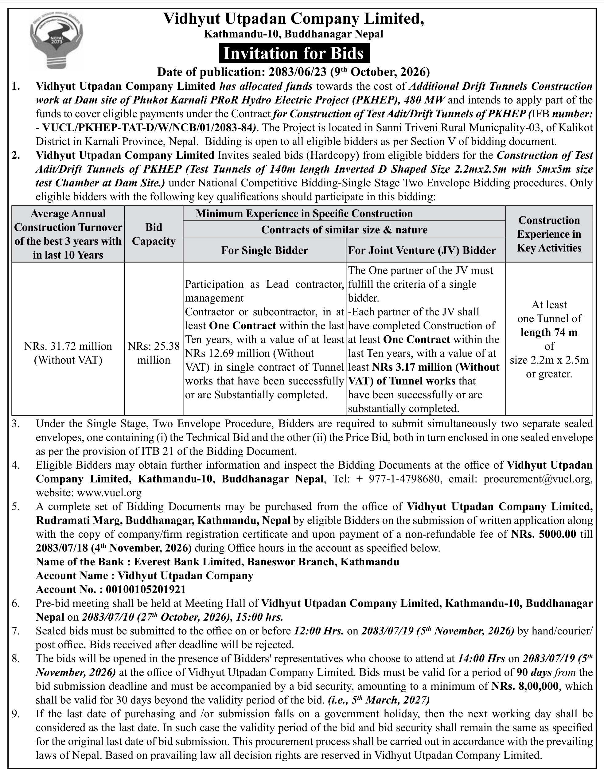 Tender notice as printed in Gorkhapatra, 9 Oct 2026, page 6