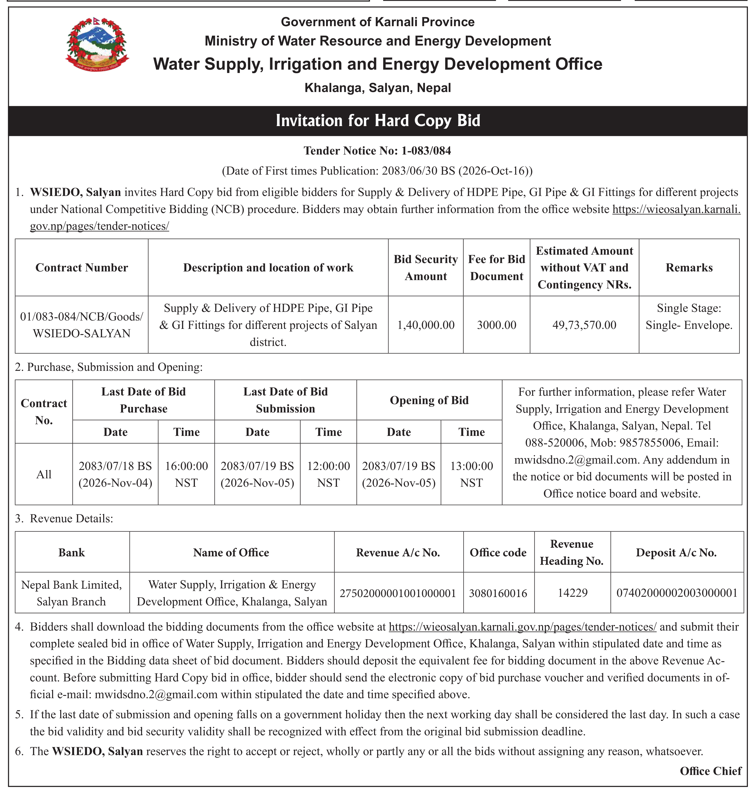 Tender notice as printed in Mission Today, 16 Oct 2026, page 7