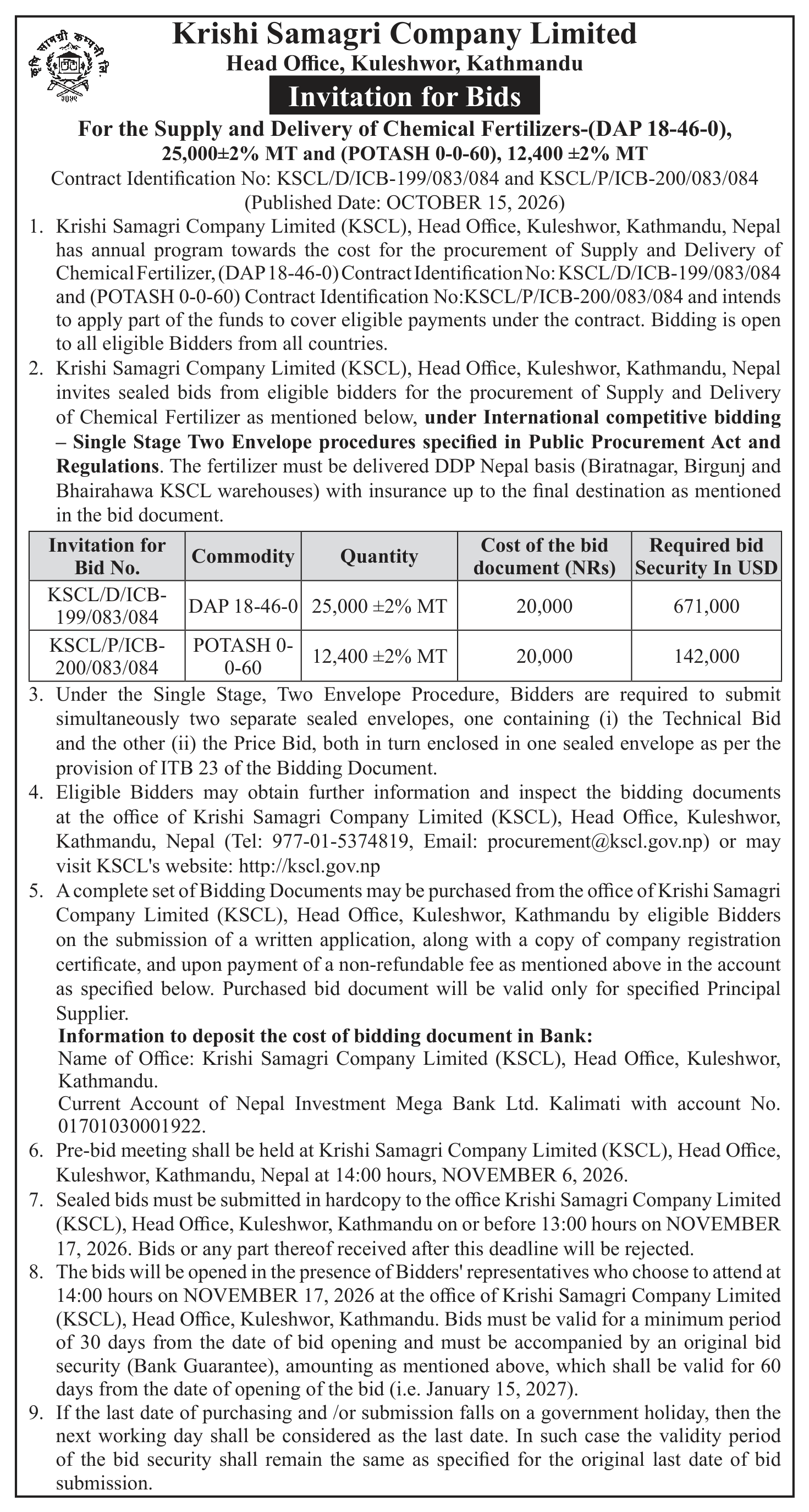 Tender notice as printed in The Rising Nepal, 15 Oct 2026, page 6