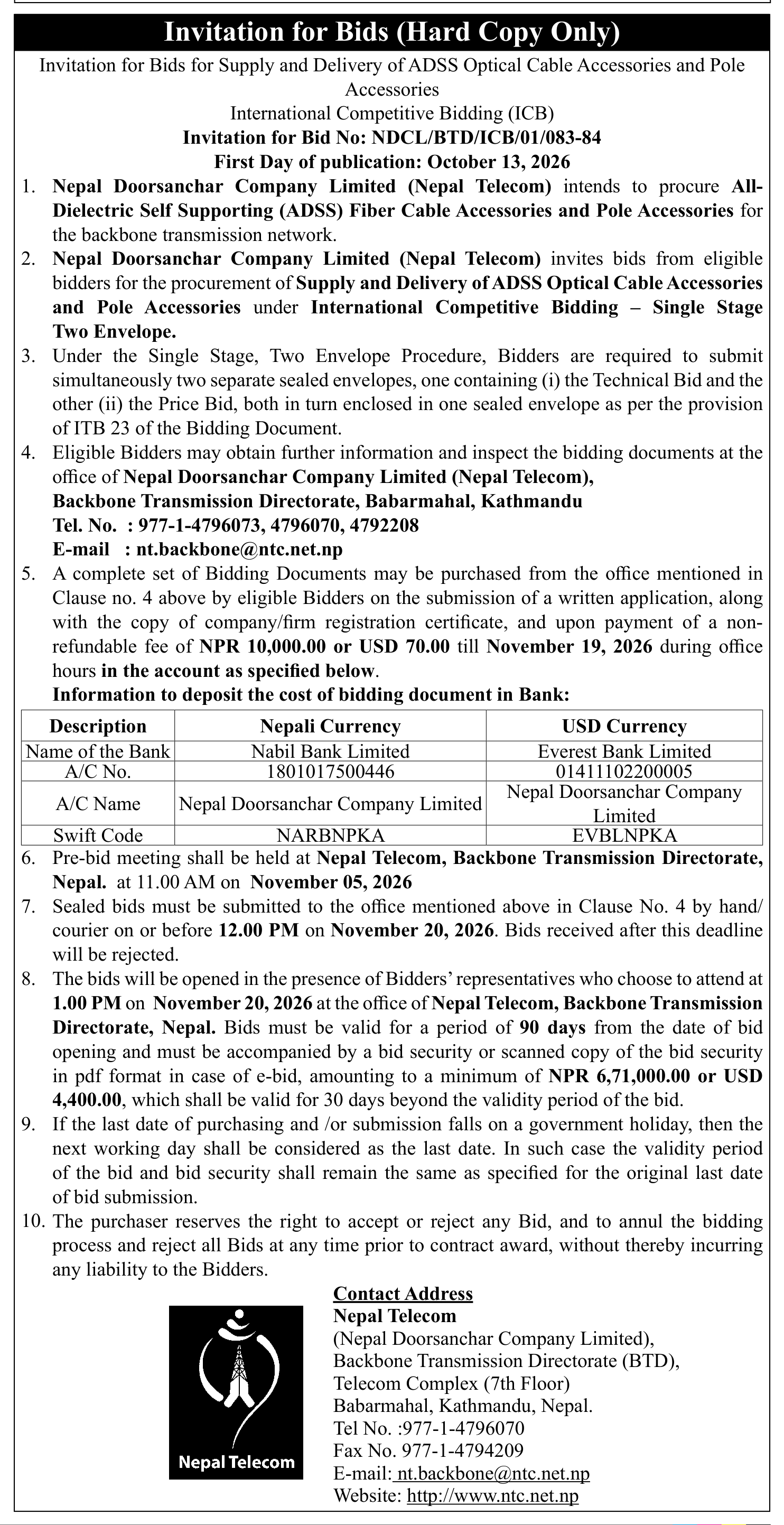 Tender notice as printed in Gorkhapatra, 13 Oct 2026, page 11