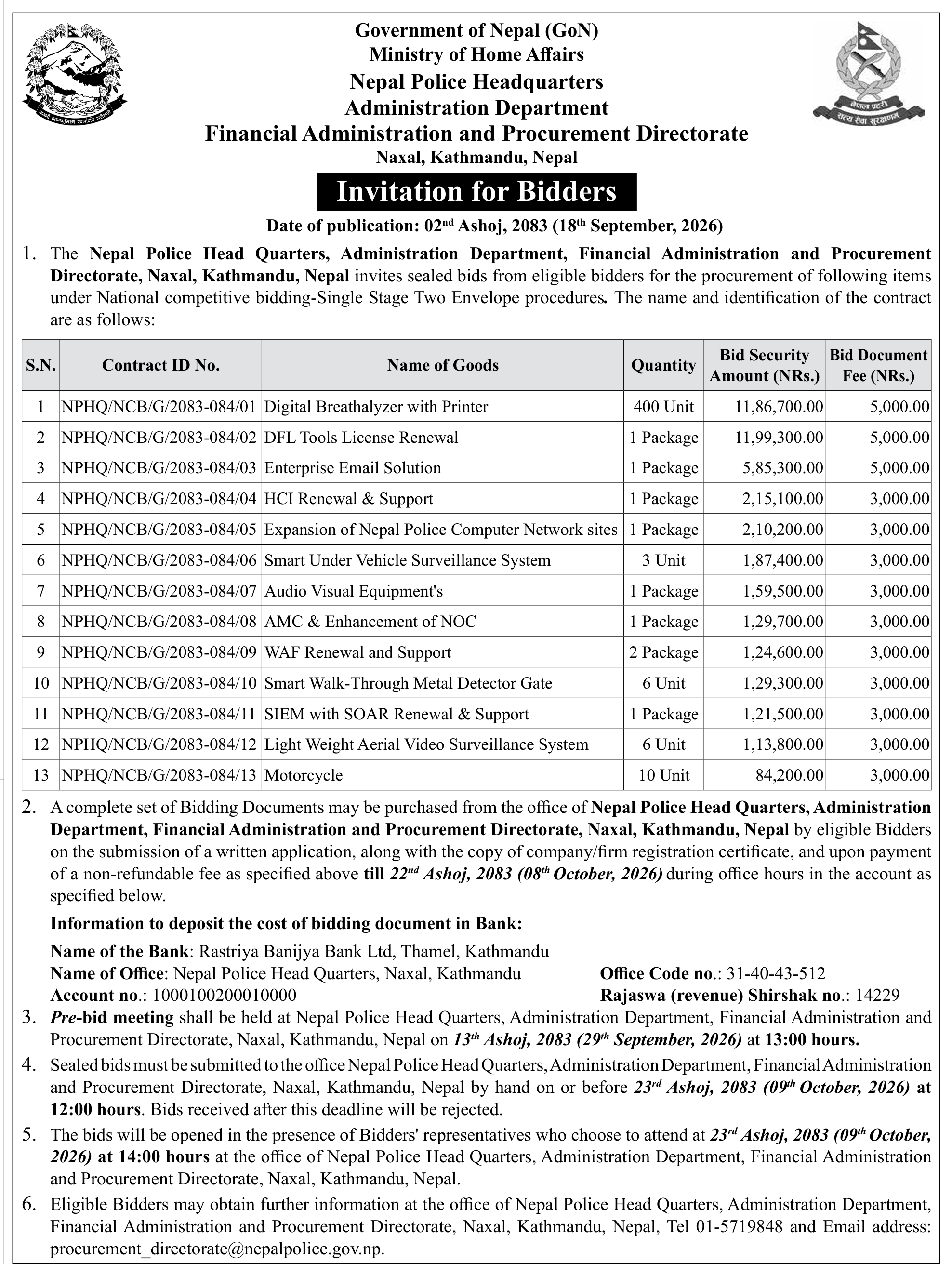 Tender notice as printed in Gorkhapatra, 18 Sep 2026, page 15