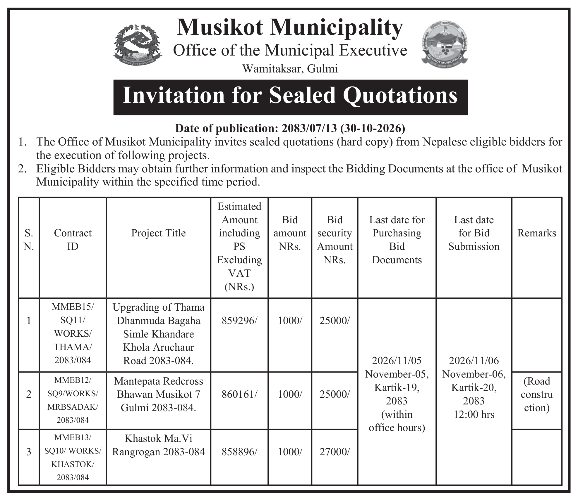 Tender notice as printed in Mechikali, 30 Oct 2026, page 3