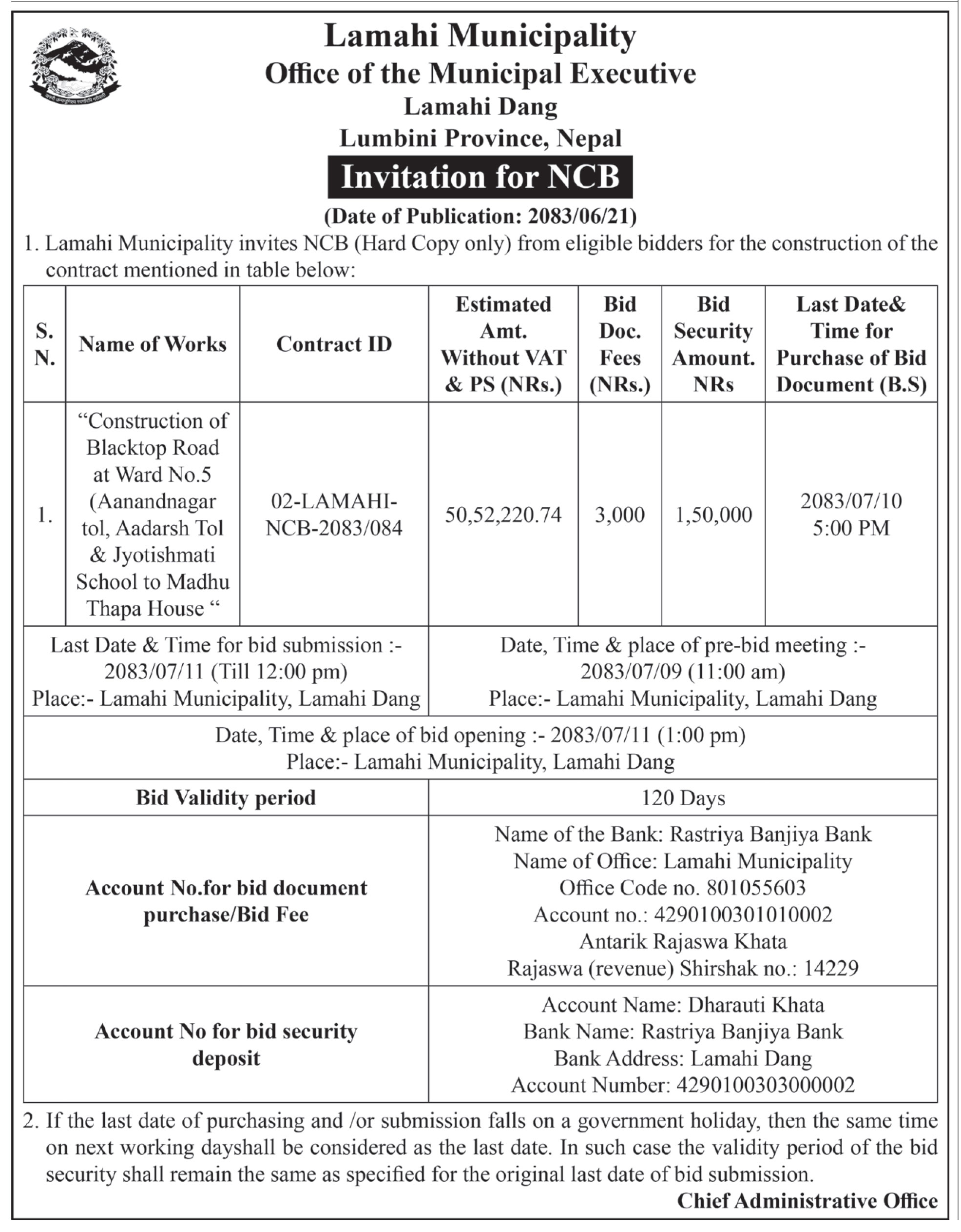 Tender notice as printed in Annapurna Post, 7 Oct 2026, page 3