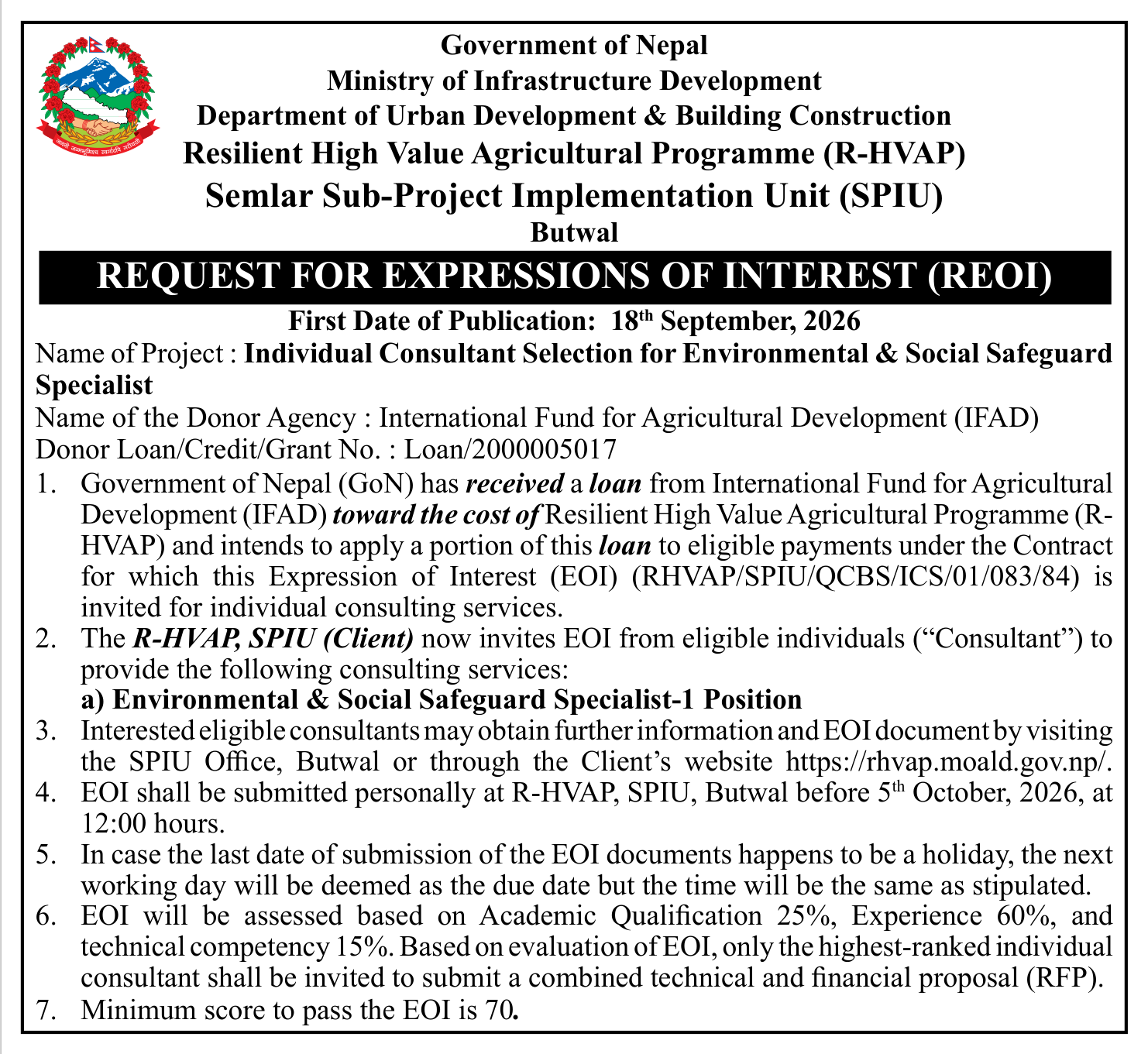 Tender notice as printed in Gorkhapatra, 18 Sep 2026, page 10