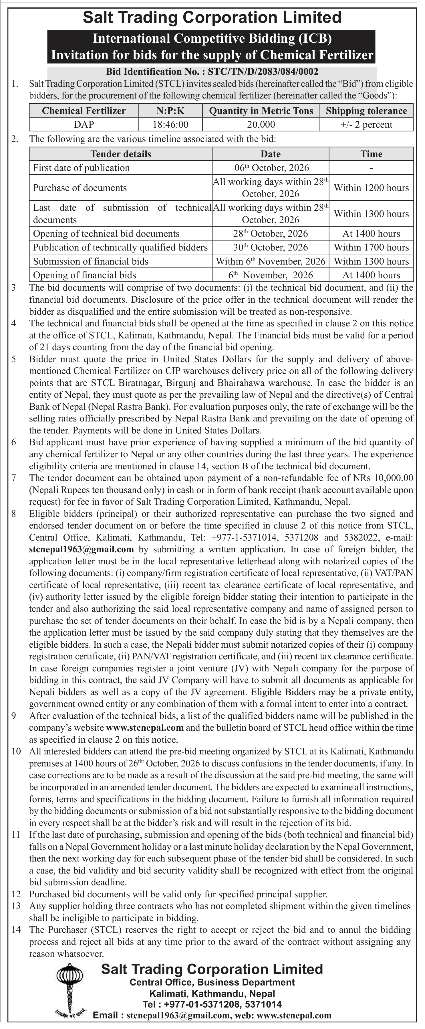 Tender notice as printed in The Rising Nepal, 6 Oct 2026, page 3