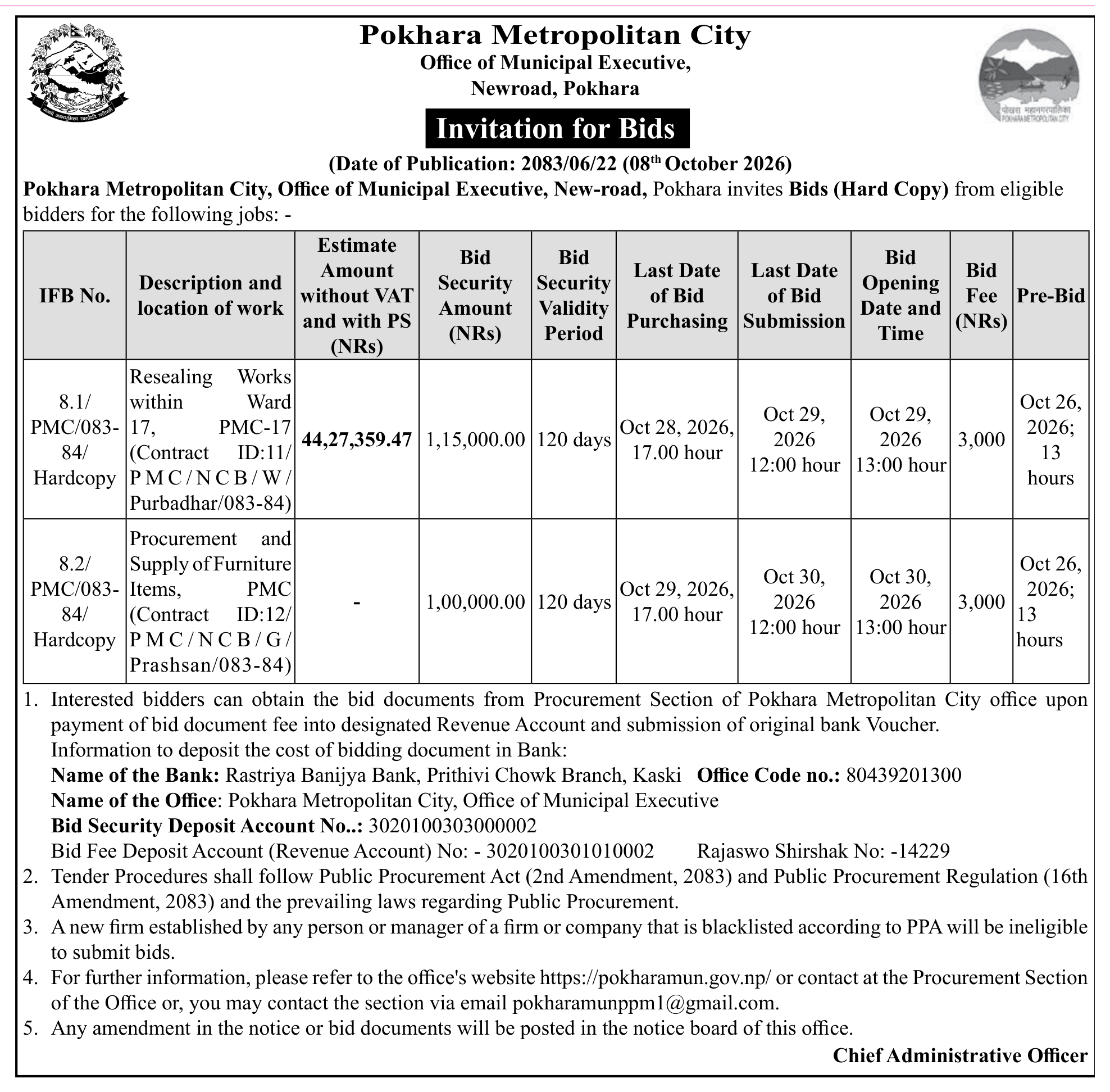 Tender notice as printed in Gorkhapatra, 8 Oct 2026, page 18