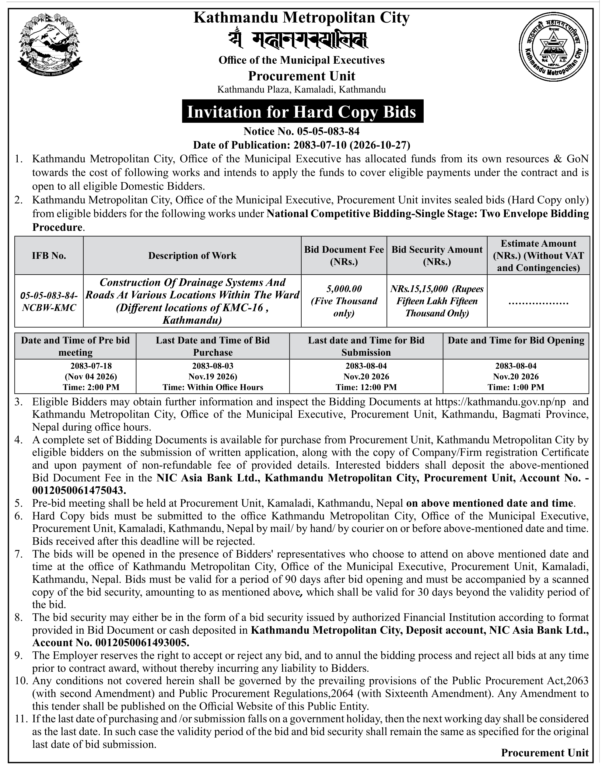 Tender notice as printed in Gorkhapatra, 27 Oct 2026, page 10