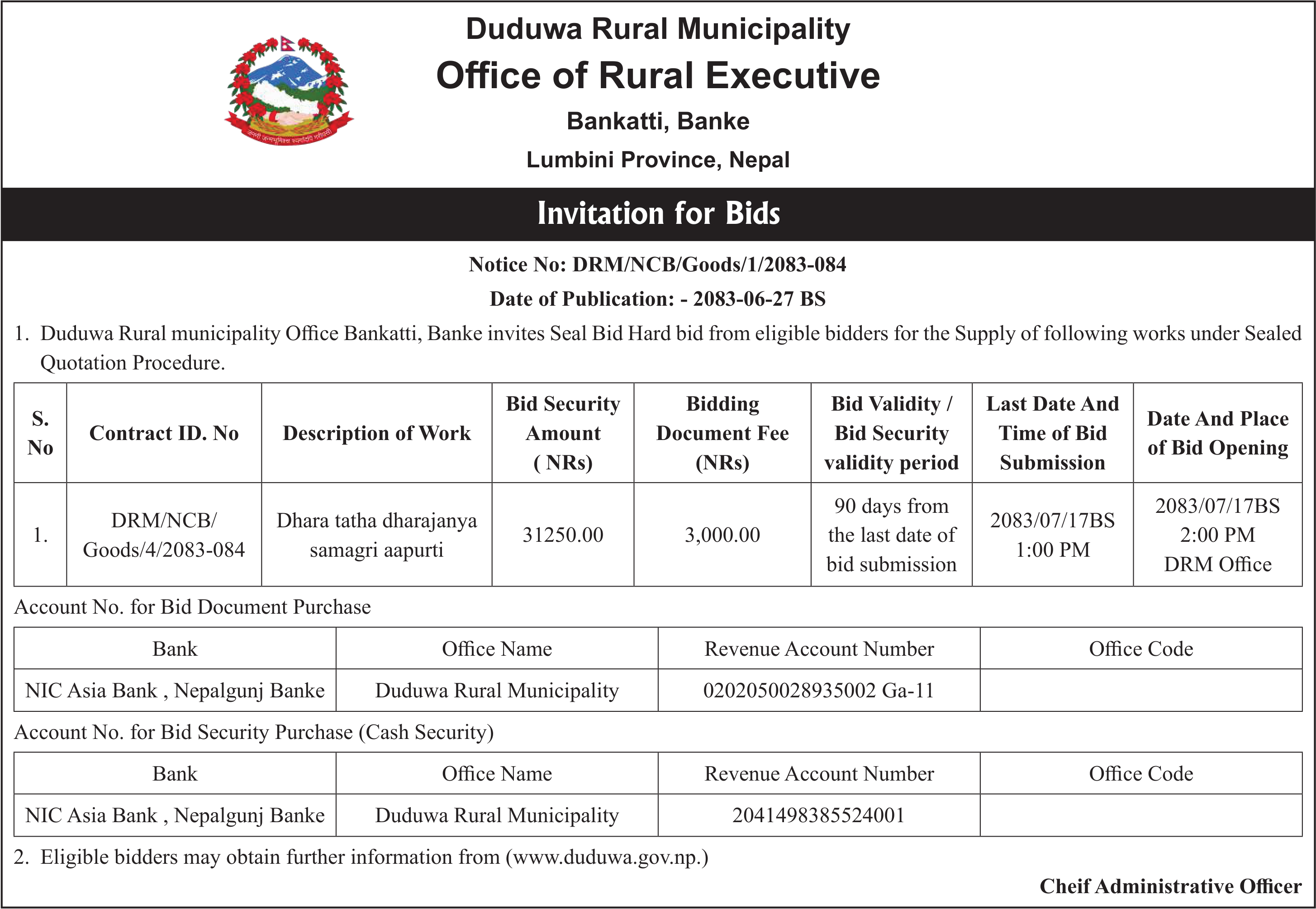 Tender notice as printed in Mission Today, 13 Oct 2026, page 6