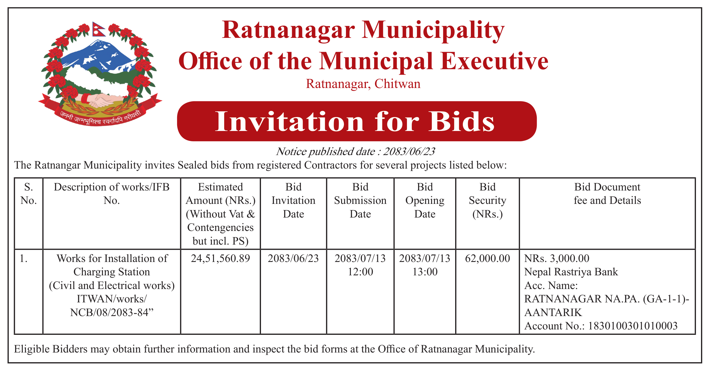 Tender notice as printed in Chitwan Post, 9 Oct 2026, page 4