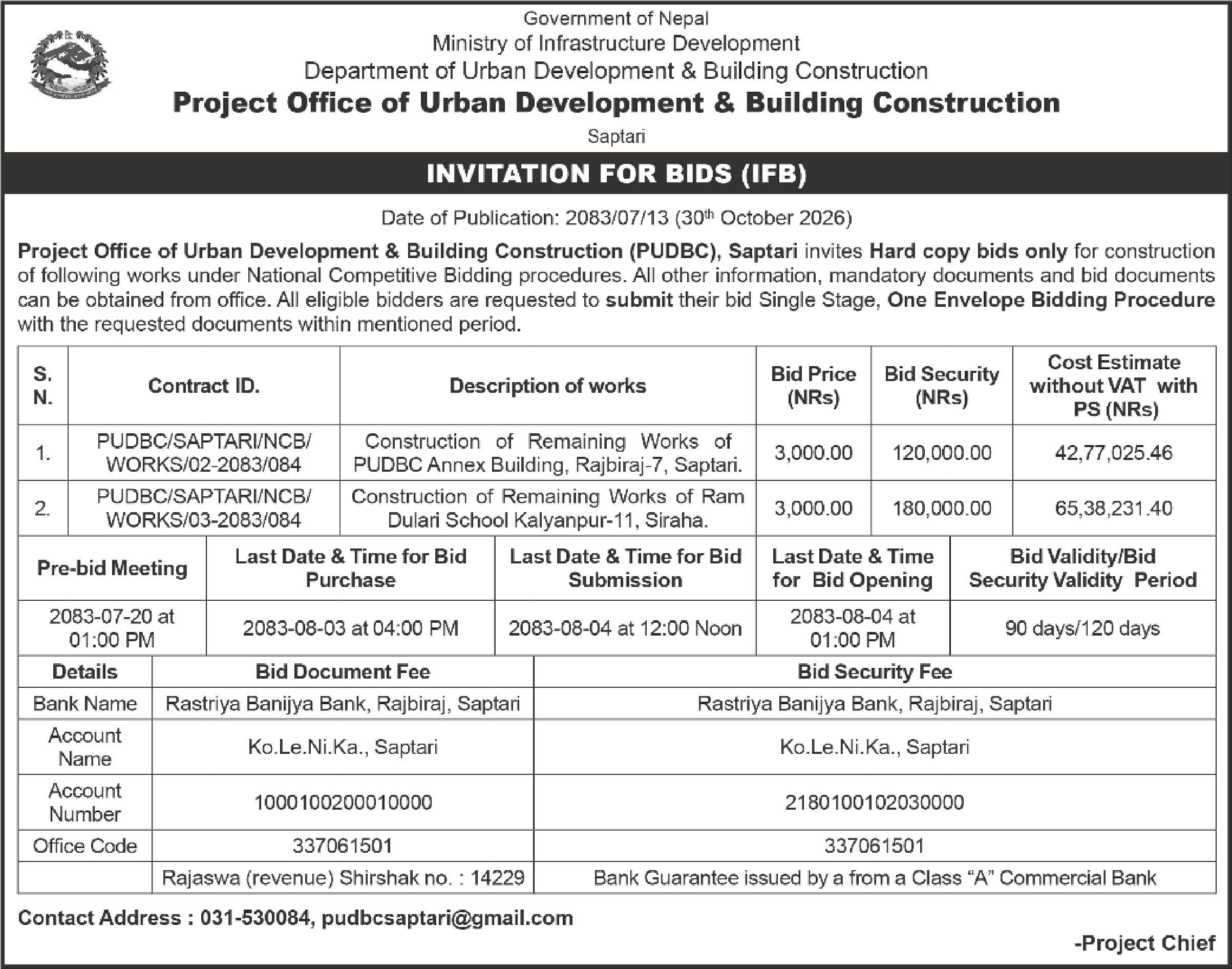 Tender notice as printed in Himalaya Times, 30 Oct 2026, page 3