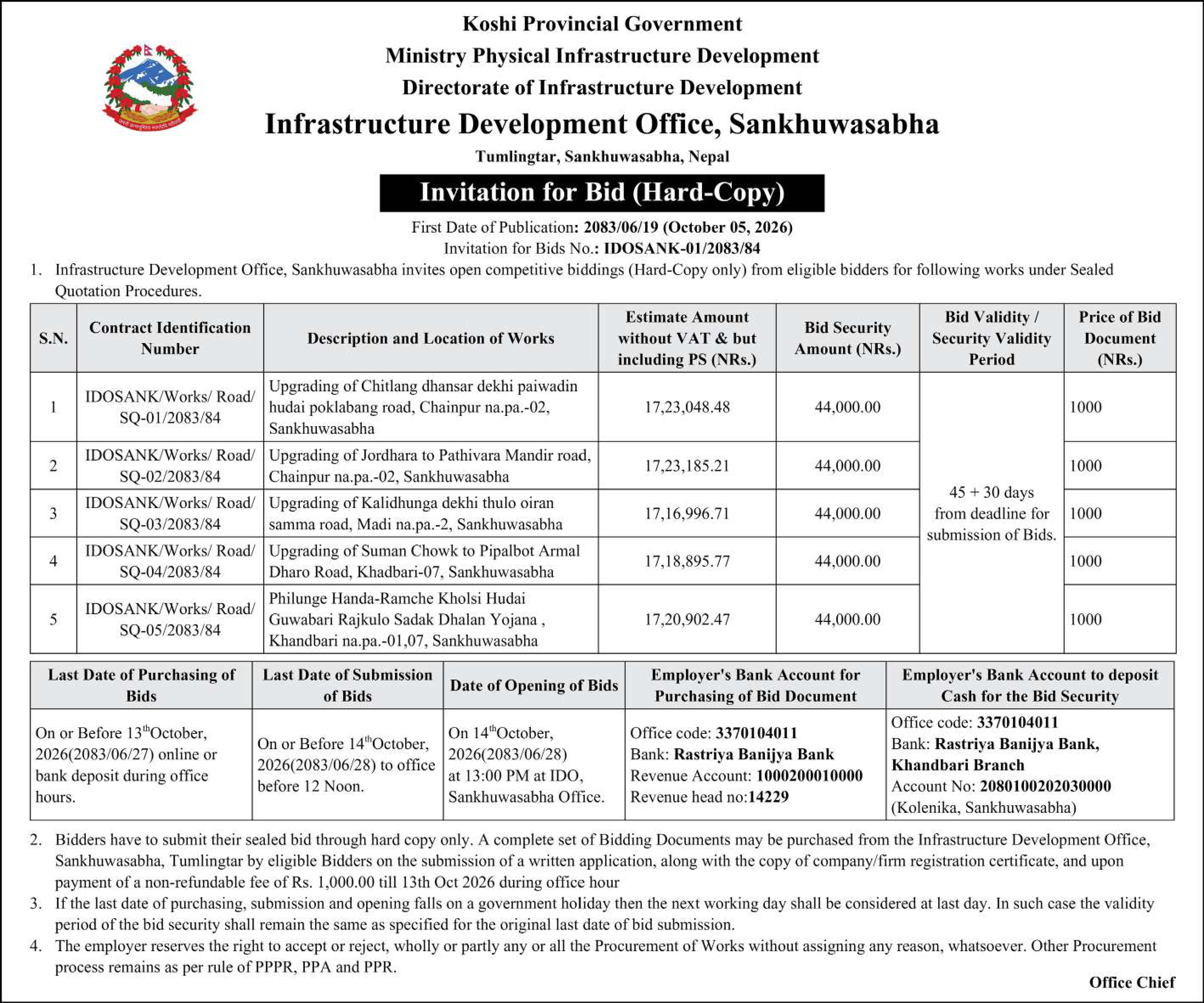 Tender notice as printed in Sourya Dainik, 5 Oct 2026, page 2