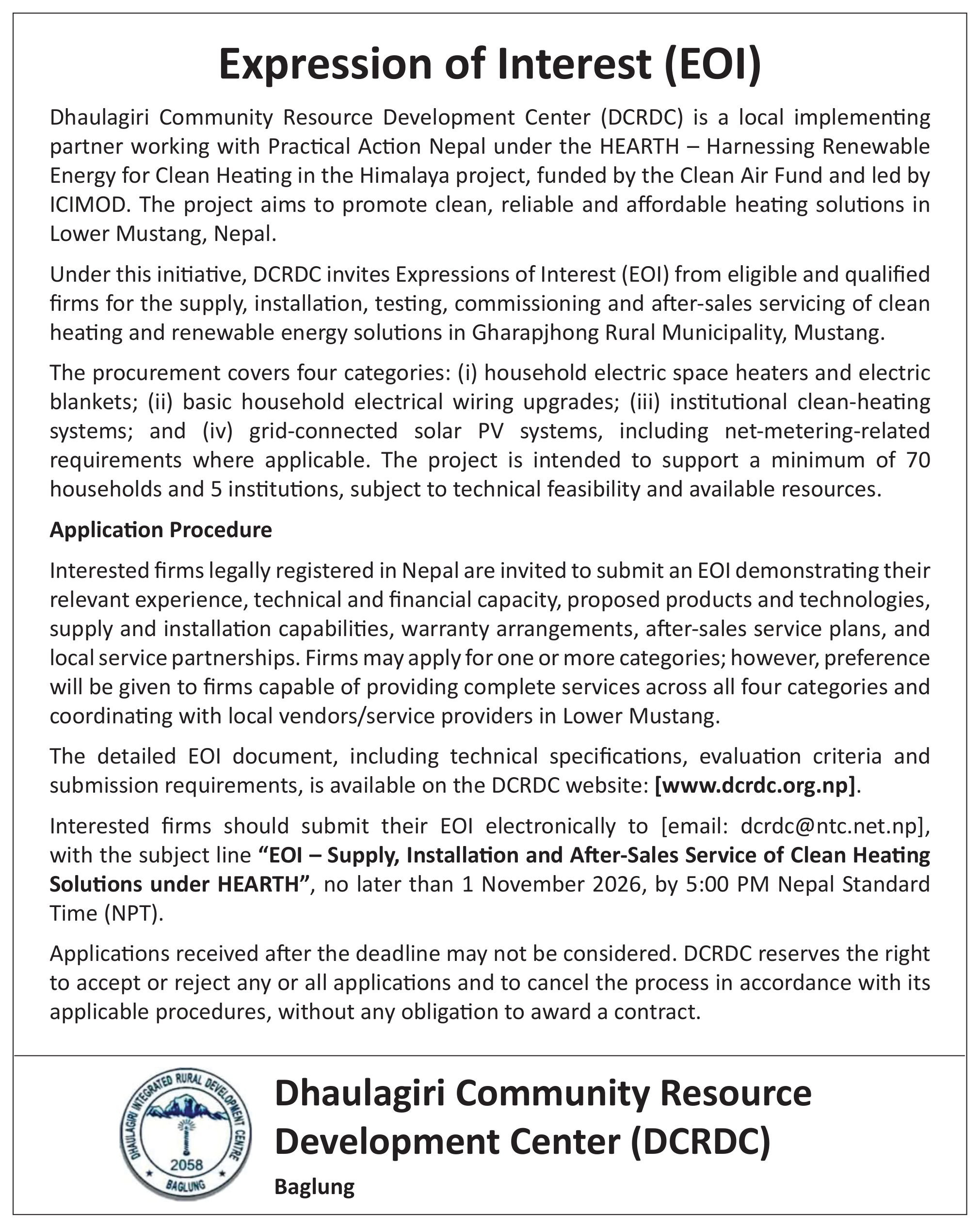 Tender notice as printed in Dhorpatan News, 16 Oct 2026, page 3