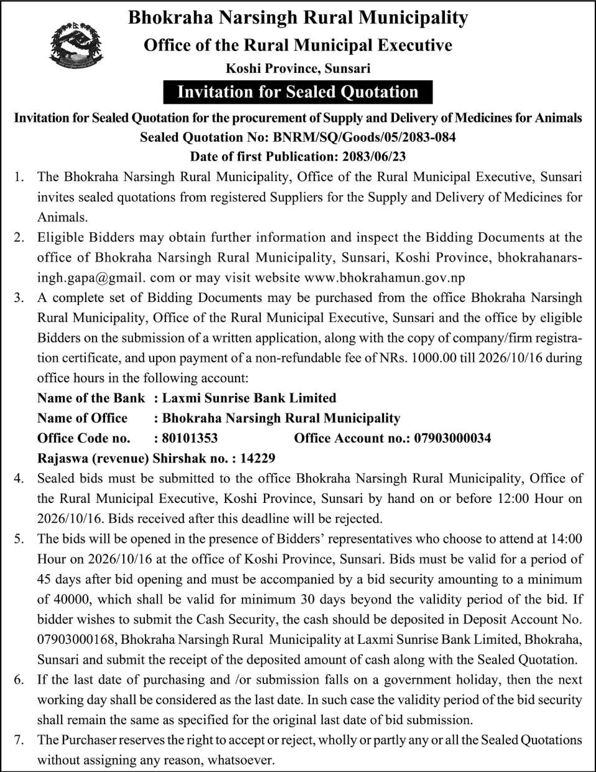 Tender notice as printed in Sourya Dainik, 9 Oct 2026, page 2