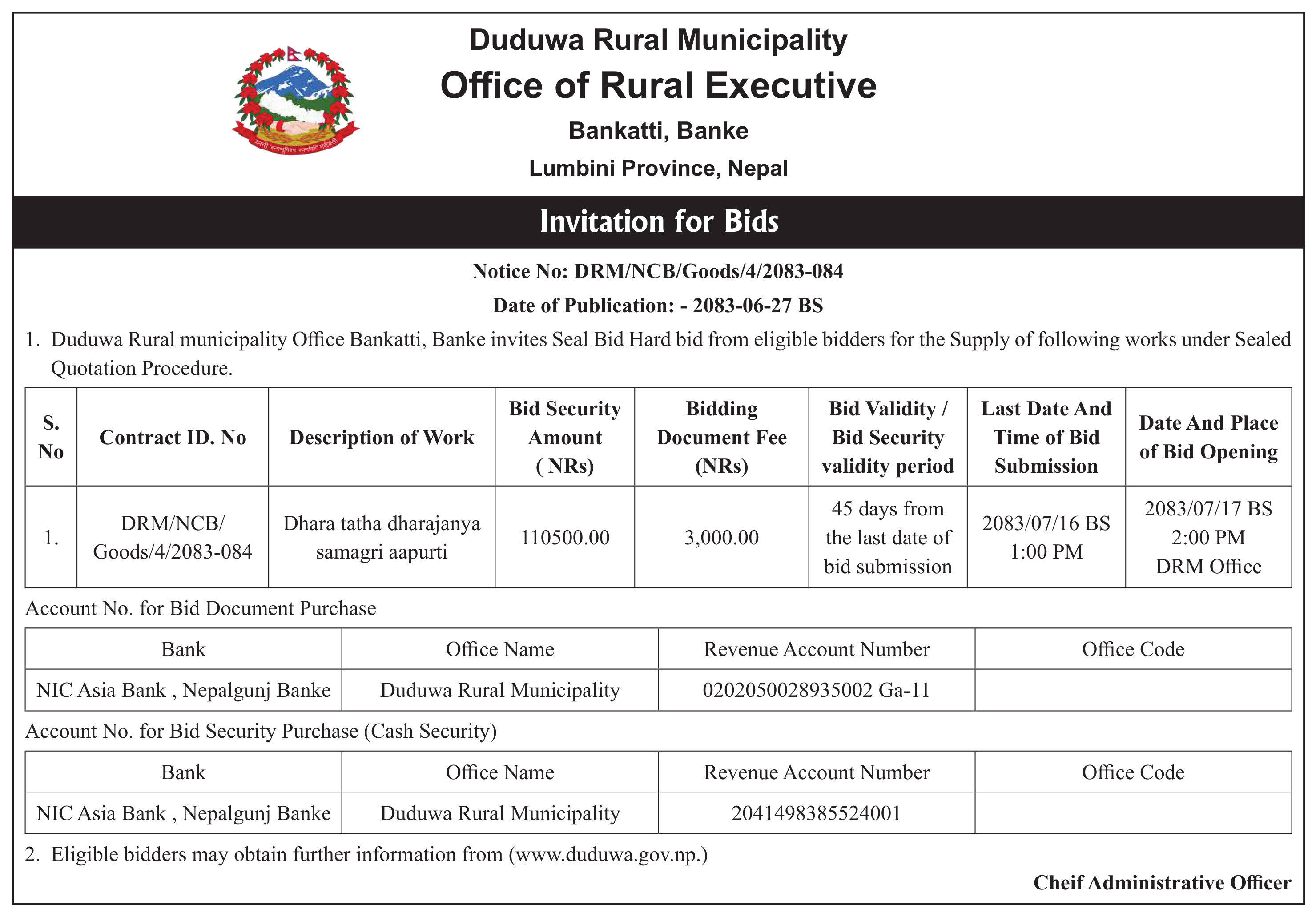 Tender notice as printed in Mission Today, 14 Oct 2026, page 2